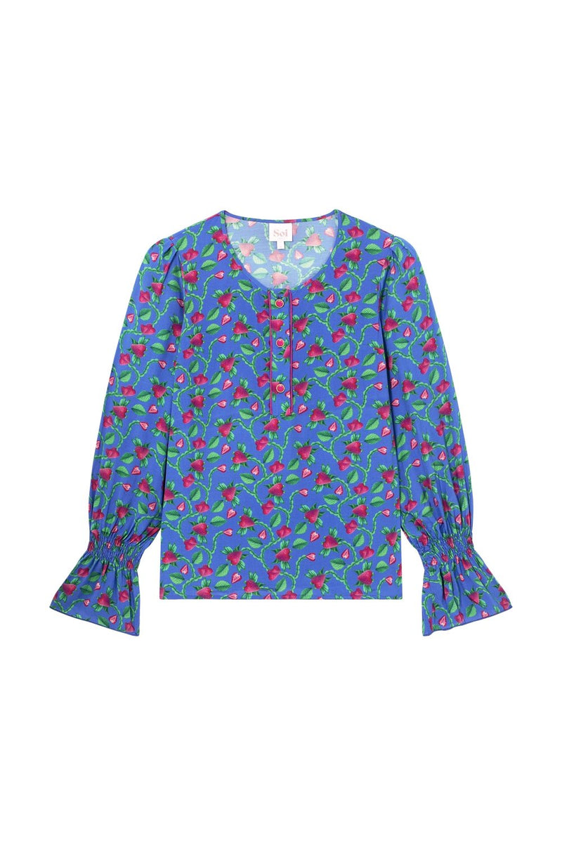 Blouse Flamboyante Fraises Volantes Bleu - Soi Paris - The Bradery