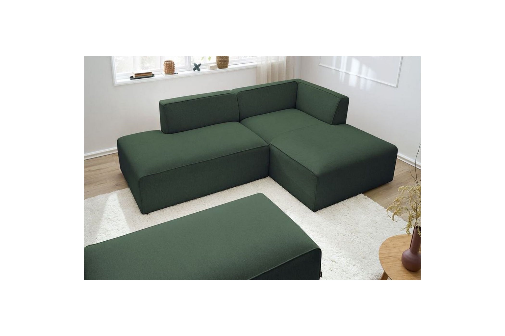 MEGEVE modular fixed corner sofa in smooth fabric with pouffe - Right-hand corner - BOBOCHIC - The Bradery