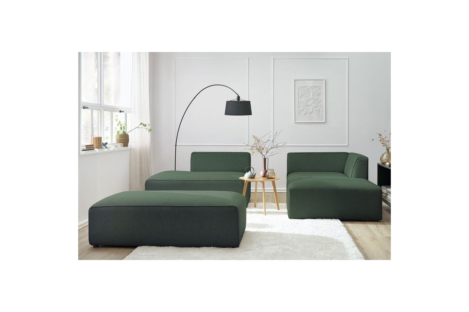 Modular fixed corner sofa MEGEVE in smooth fabric with pouffe - Right-hand corner - BOBOCHIC - The Bradery