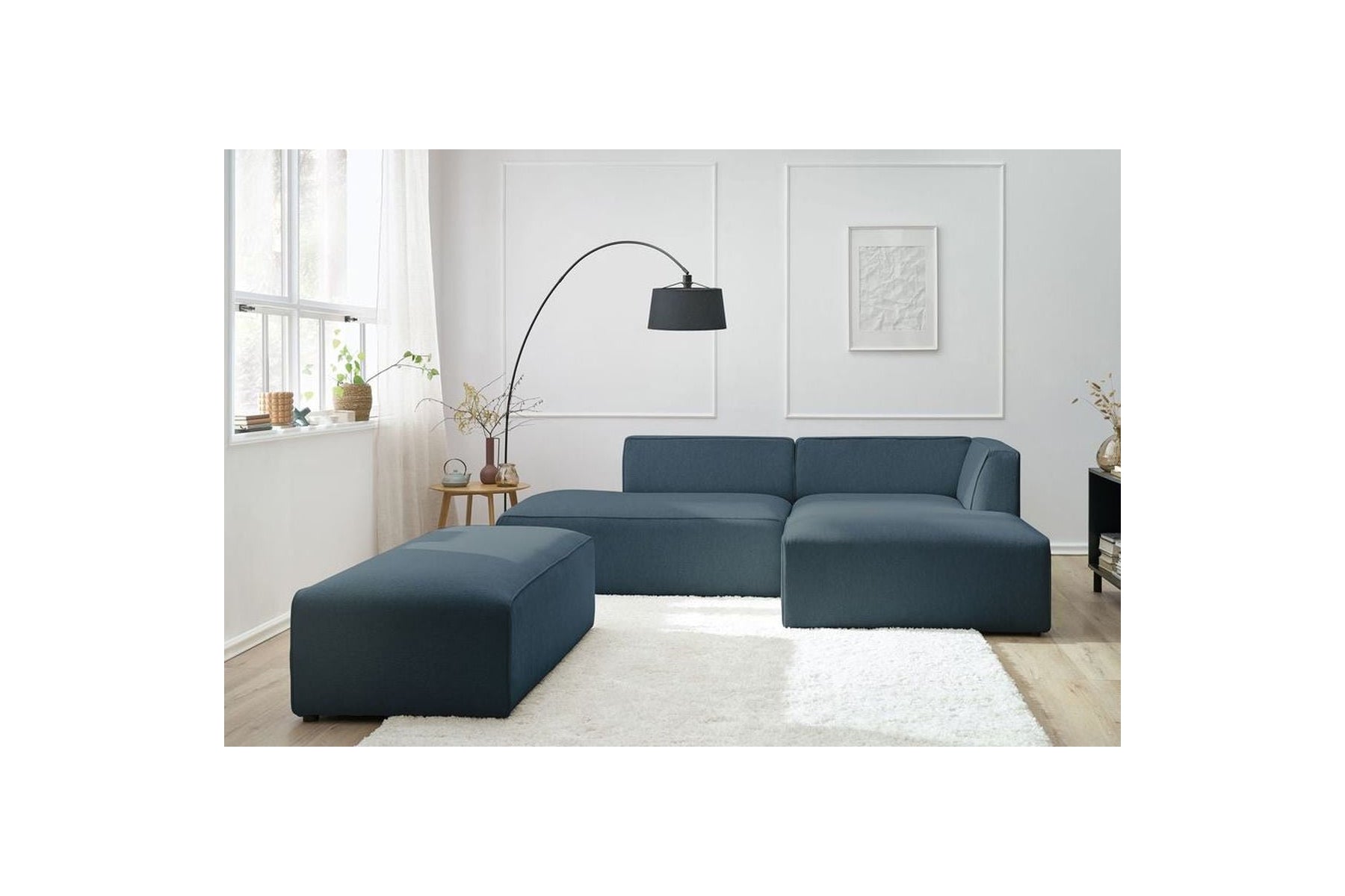 MEGEVE modular fixed corner sofa in smooth fabric with pouffe - Right-hand corner - BOBOCHIC - The Bradery