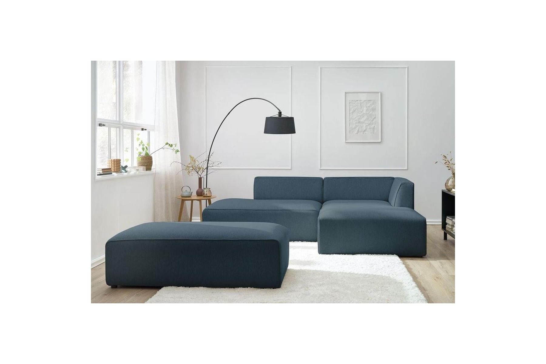 MEGEVE modular fixed corner sofa in smooth fabric with pouffe - Right-hand corner - BOBOCHIC - The Bradery