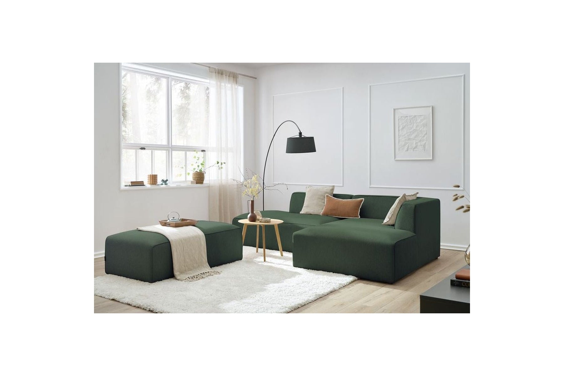 Modular fixed corner sofa MEGEVE in smooth fabric with pouffe - Right-hand corner - BOBOCHIC - The Bradery
