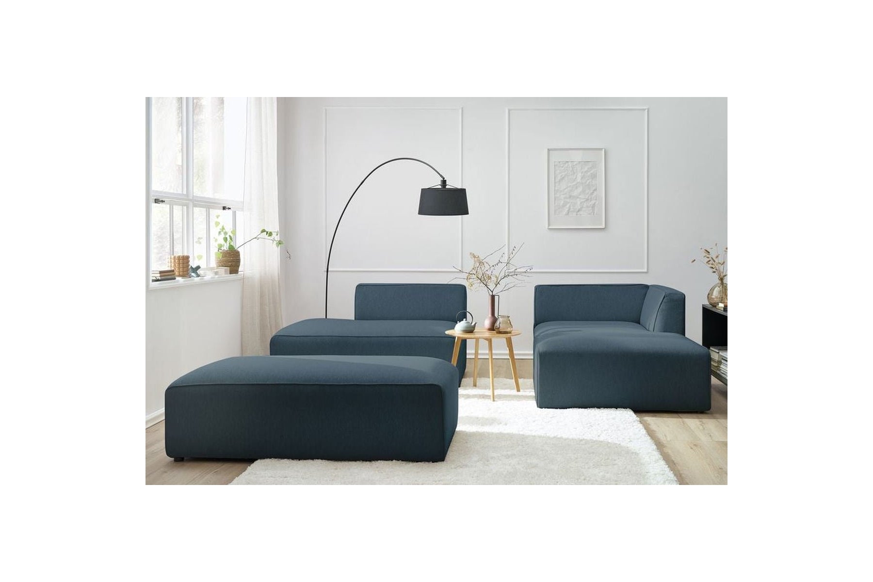 MEGEVE modular fixed corner sofa in smooth fabric with pouffe - Right-hand corner - BOBOCHIC - The Bradery