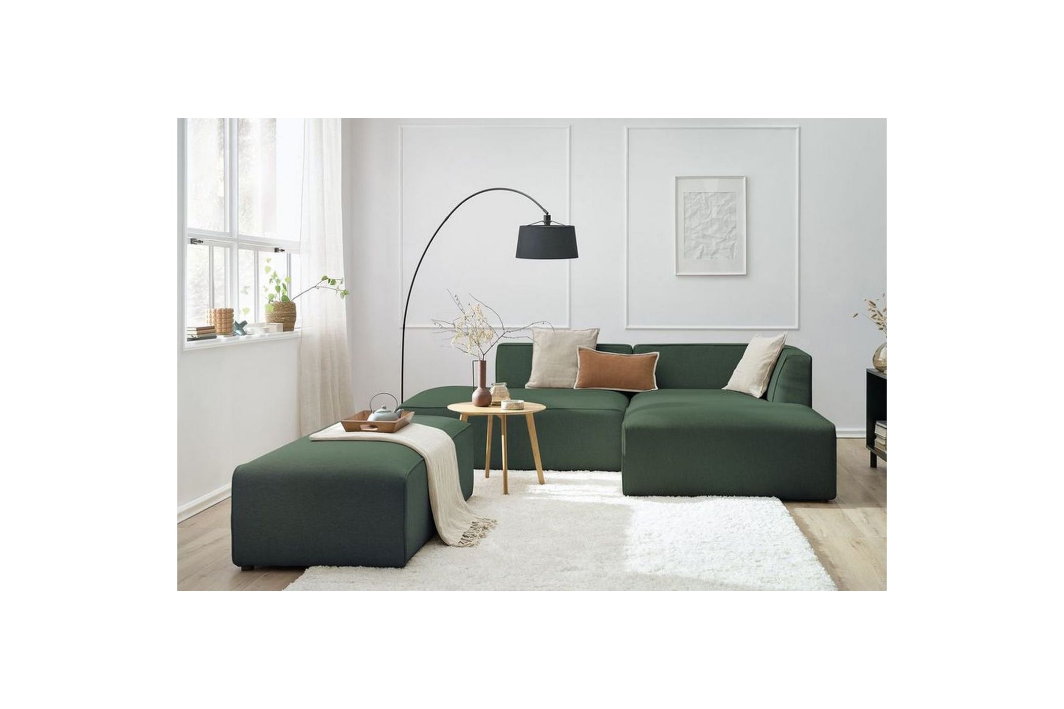 Modular fixed corner sofa MEGEVE in smooth fabric with pouffe - Right-hand corner - BOBOCHIC - The Bradery