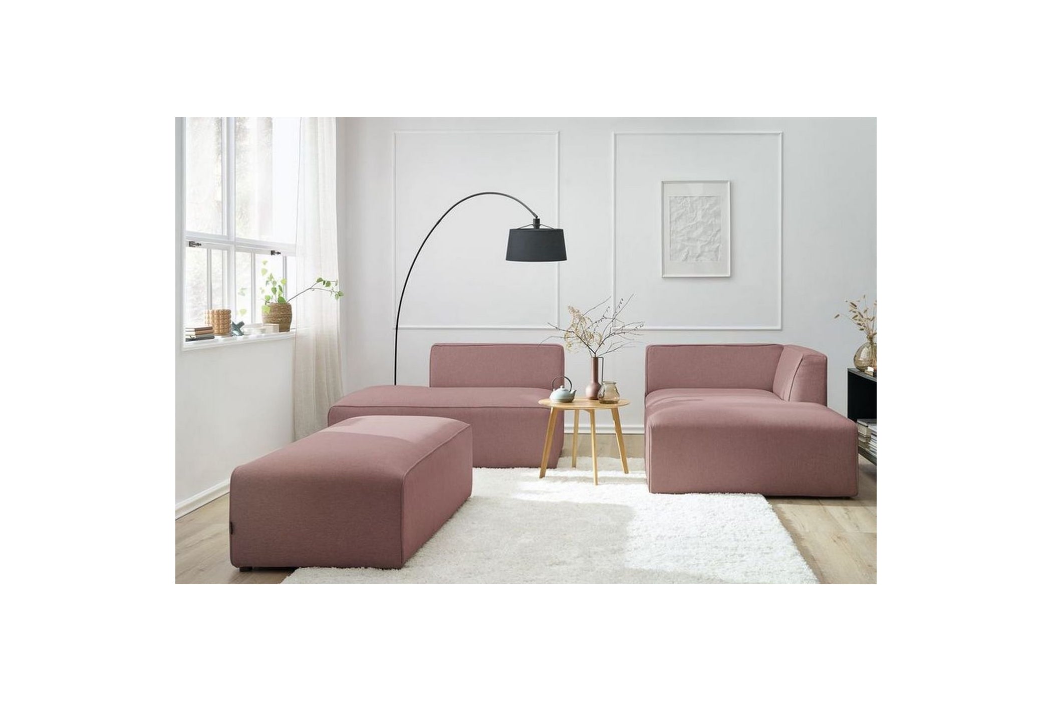 MEGEVE modular fixed corner sofa in smooth fabric with pouffe - Right-hand corner - BOBOCHIC - The Bradery