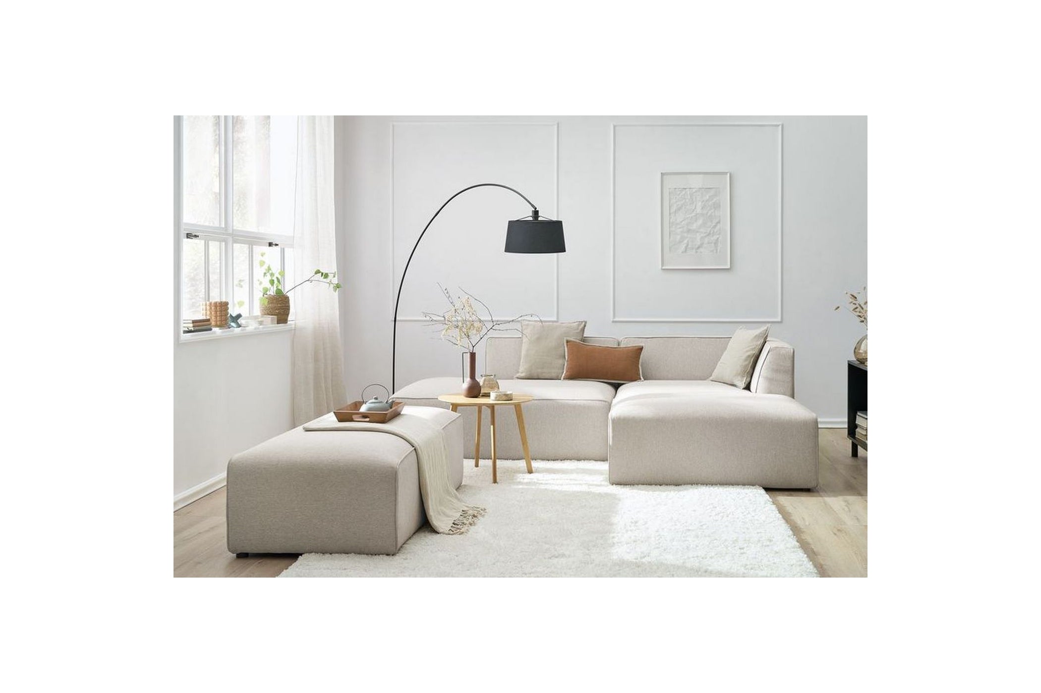 MEGEVE modular fixed corner sofa in smooth fabric with pouffe - Right-hand corner - BOBOCHIC - The Bradery