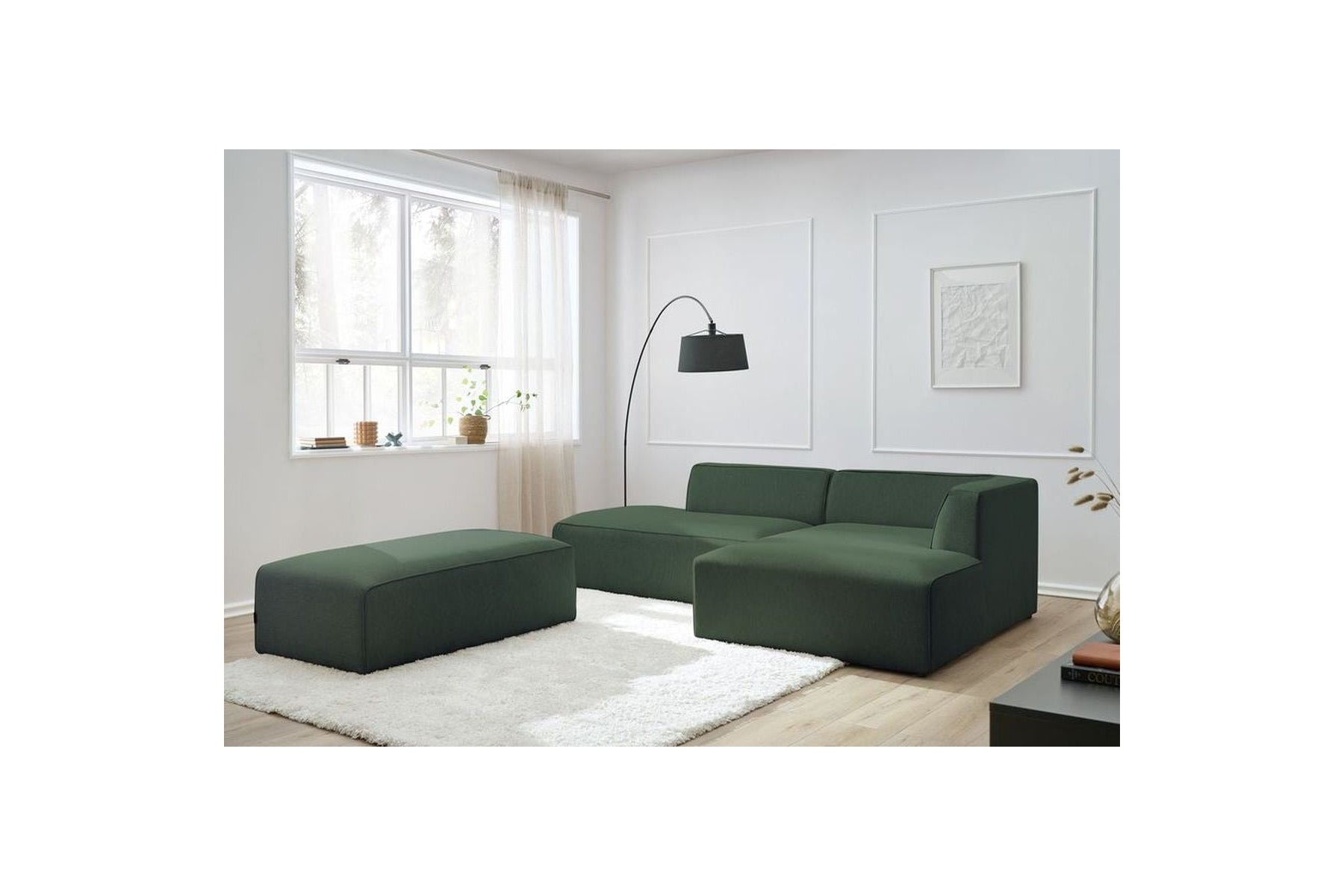 Modular fixed corner sofa MEGEVE in smooth fabric with pouffe - Right-hand corner - BOBOCHIC - The Bradery