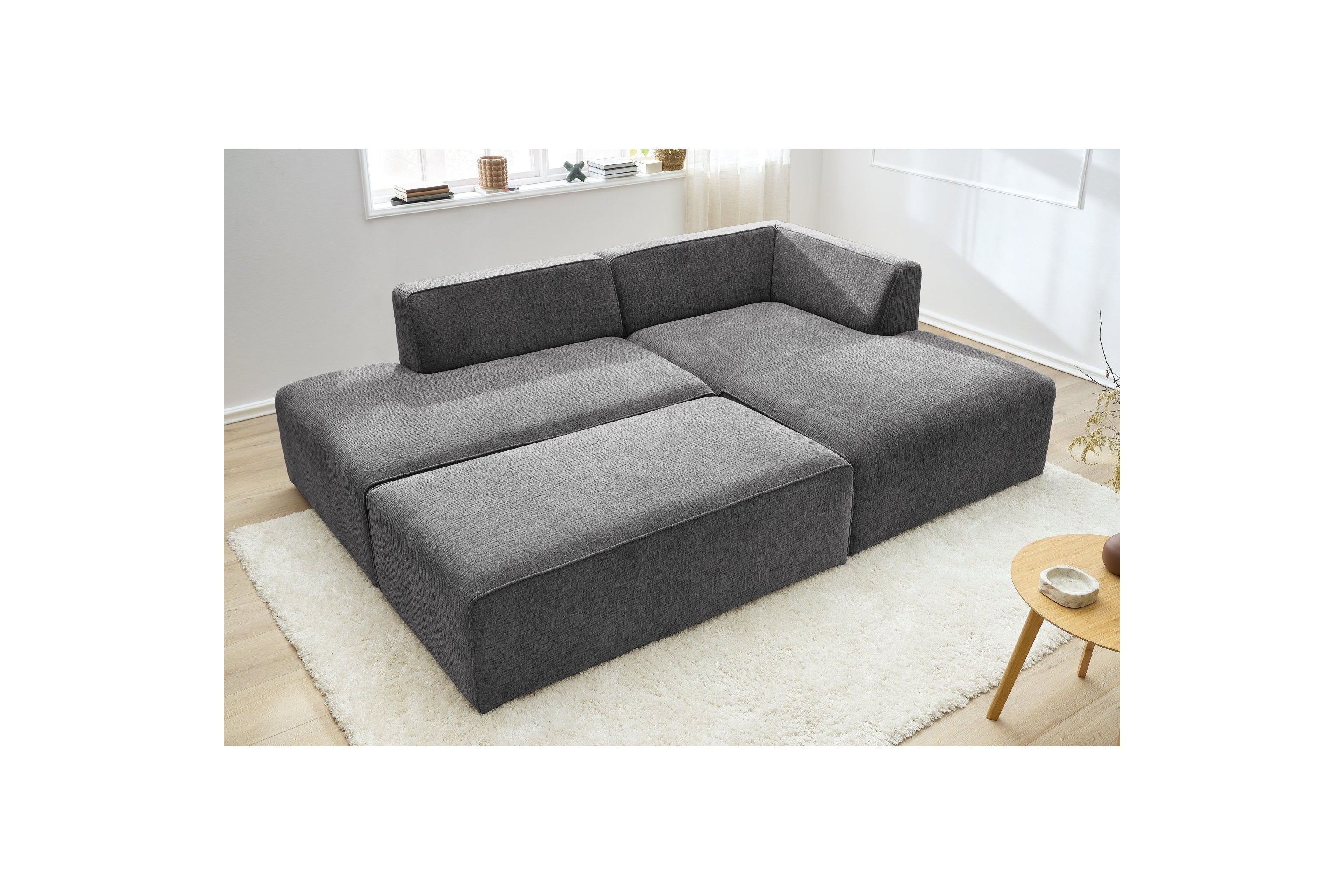 MEGEVE modular fixed corner sofa in smooth fabric with pouffe - Right-hand corner - BOBOCHIC - The Bradery