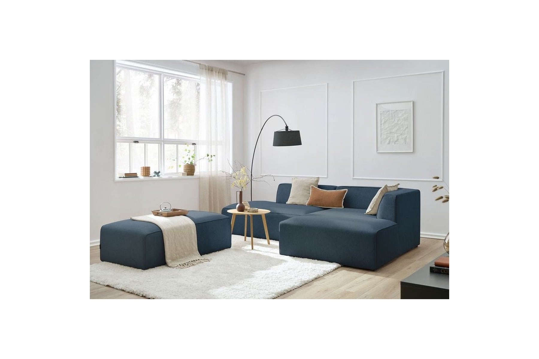 MEGEVE modular fixed corner sofa in smooth fabric with pouffe - Right-hand corner - BOBOCHIC - The Bradery