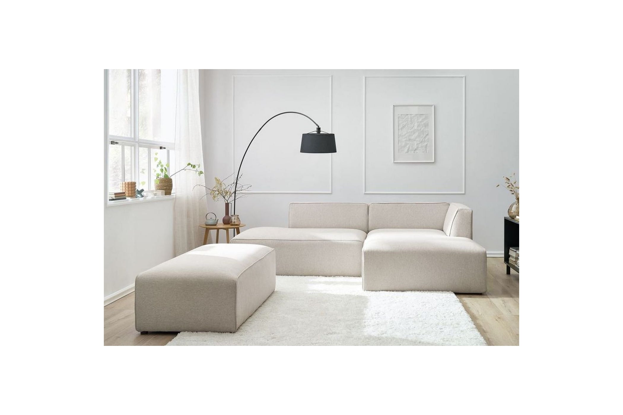 MEGEVE modular fixed corner sofa in smooth fabric with pouffe - Right-hand corner - BOBOCHIC - The Bradery