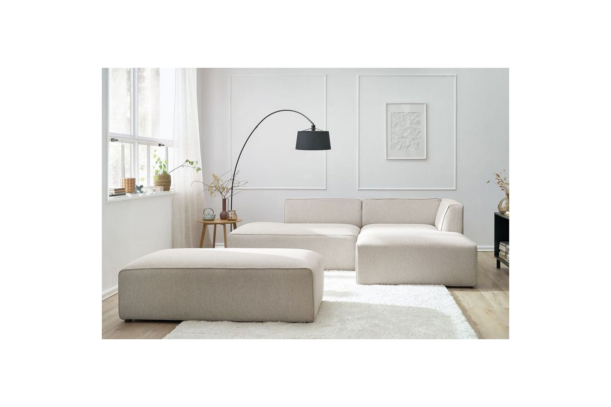 MEGEVE modular fixed corner sofa in smooth fabric with pouffe - Right-hand corner - BOBOCHIC - The Bradery