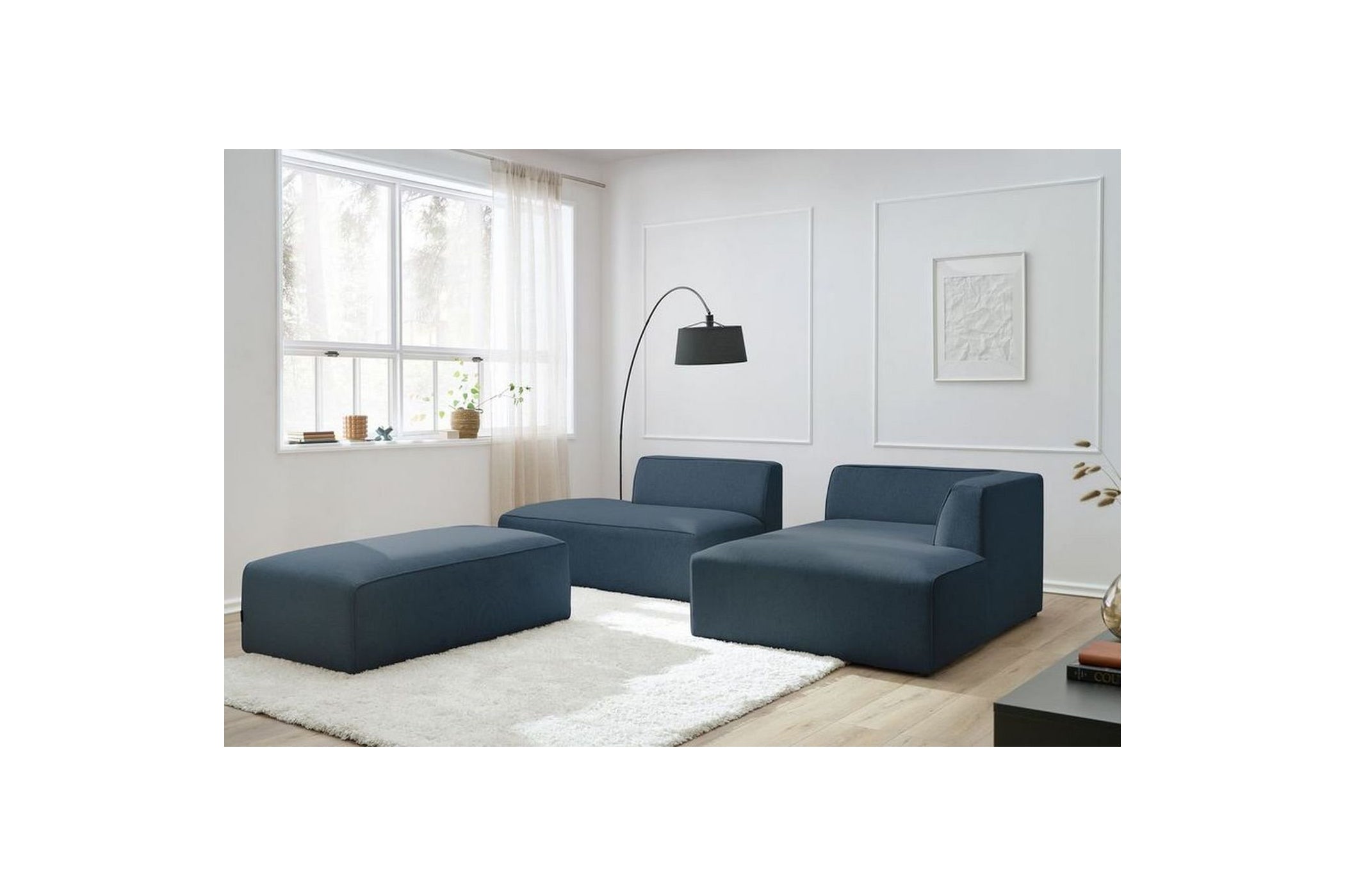 MEGEVE modular fixed corner sofa in smooth fabric with pouffe - Right-hand corner - BOBOCHIC - The Bradery