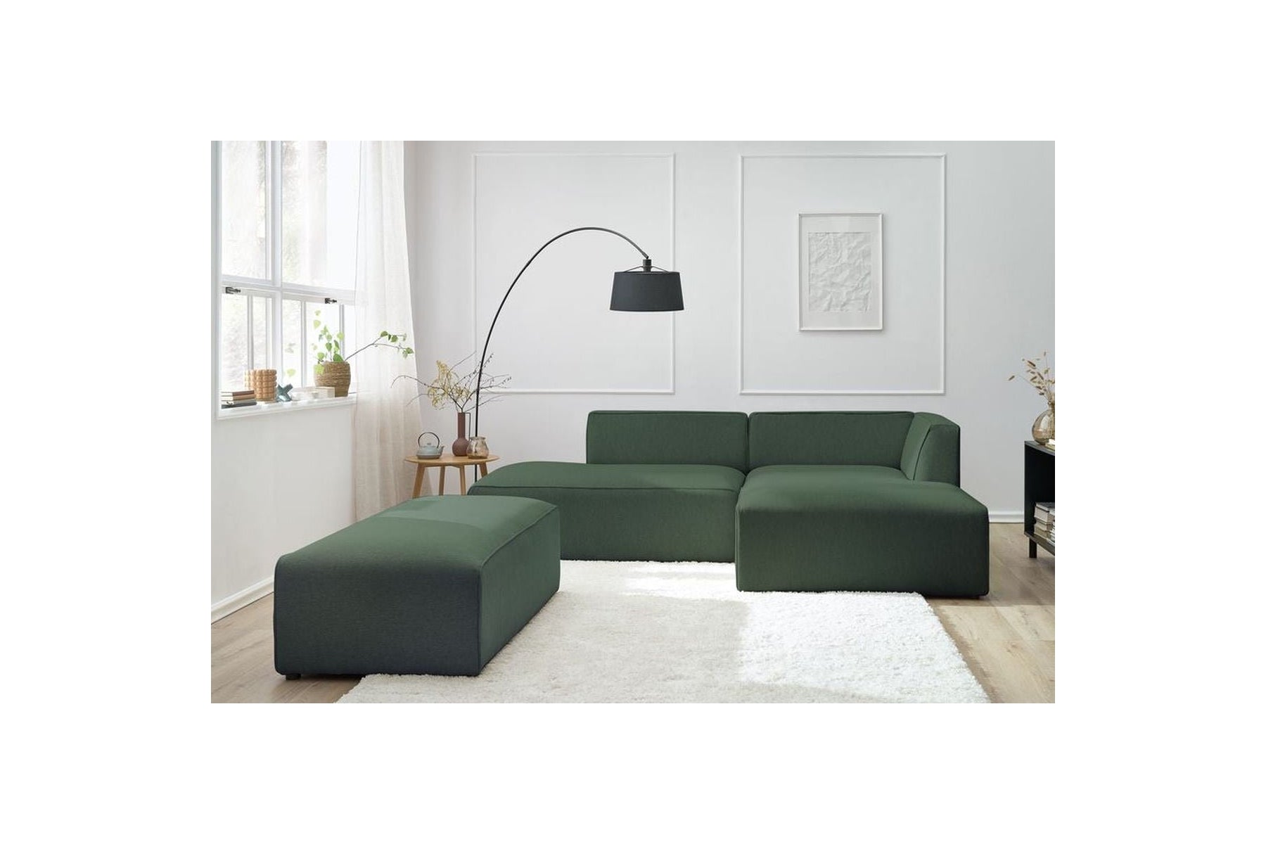 Modular fixed corner sofa MEGEVE in smooth fabric with pouffe - Right-hand corner - BOBOCHIC - The Bradery