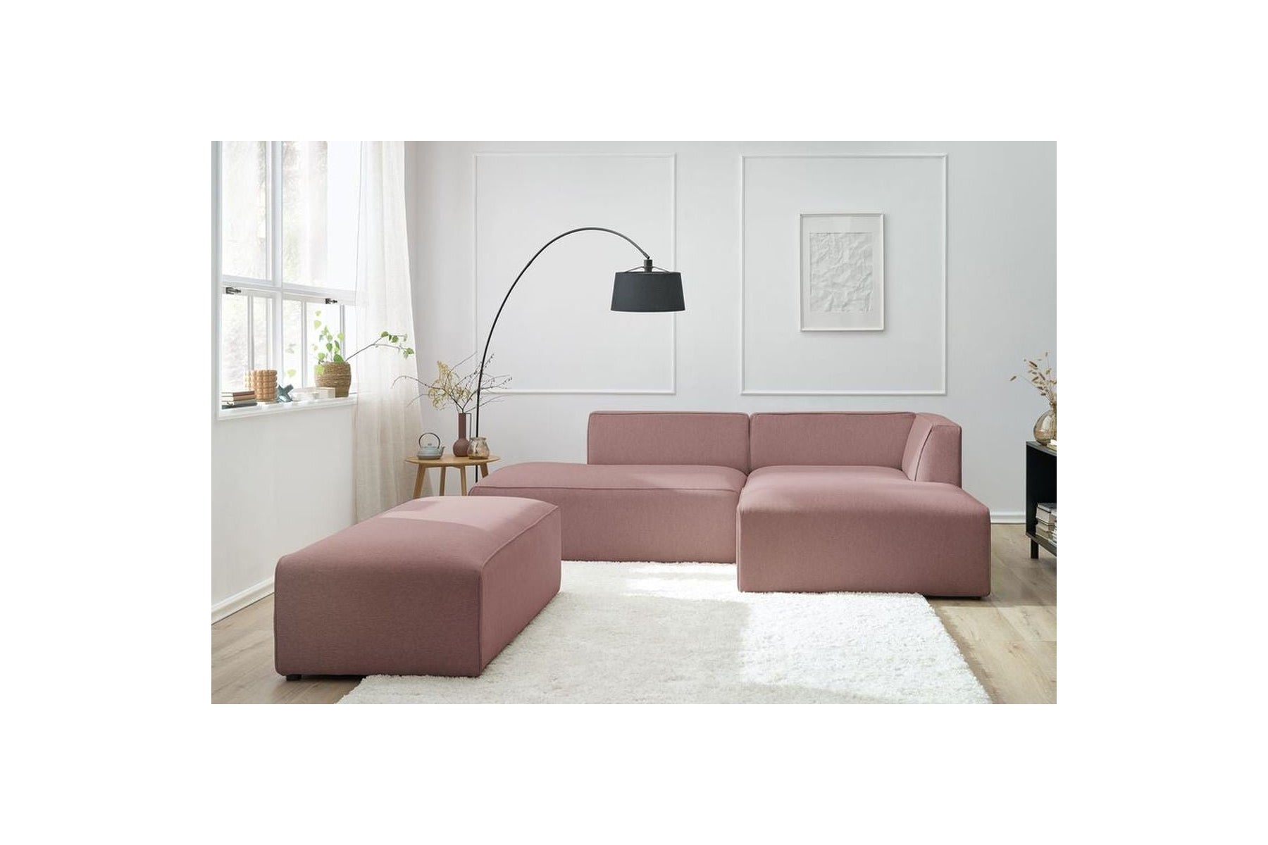 MEGEVE modular fixed corner sofa in smooth fabric with pouffe - Right-hand corner - BOBOCHIC - The Bradery