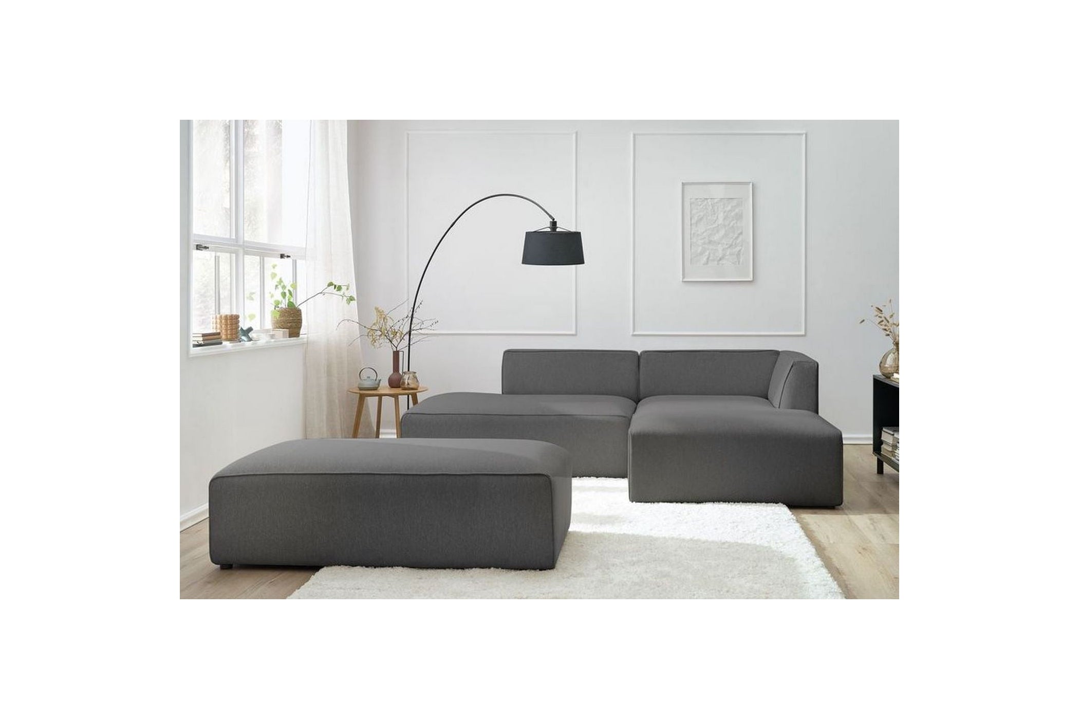 MEGEVE modular fixed corner sofa in smooth fabric with pouffe - Right-hand corner - BOBOCHIC - The Bradery