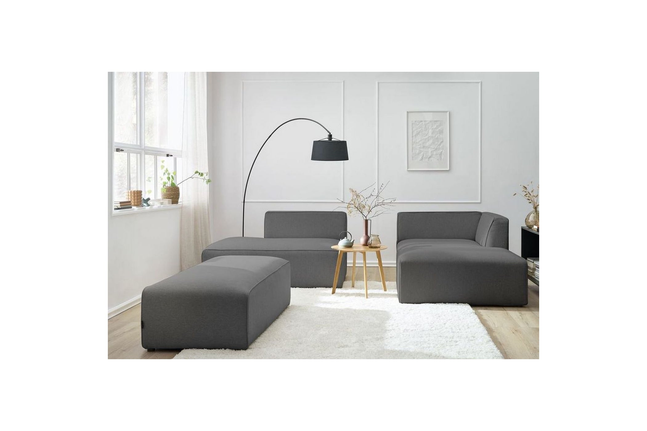 MEGEVE modular fixed corner sofa in smooth fabric with pouffe - Right-hand corner - BOBOCHIC - The Bradery