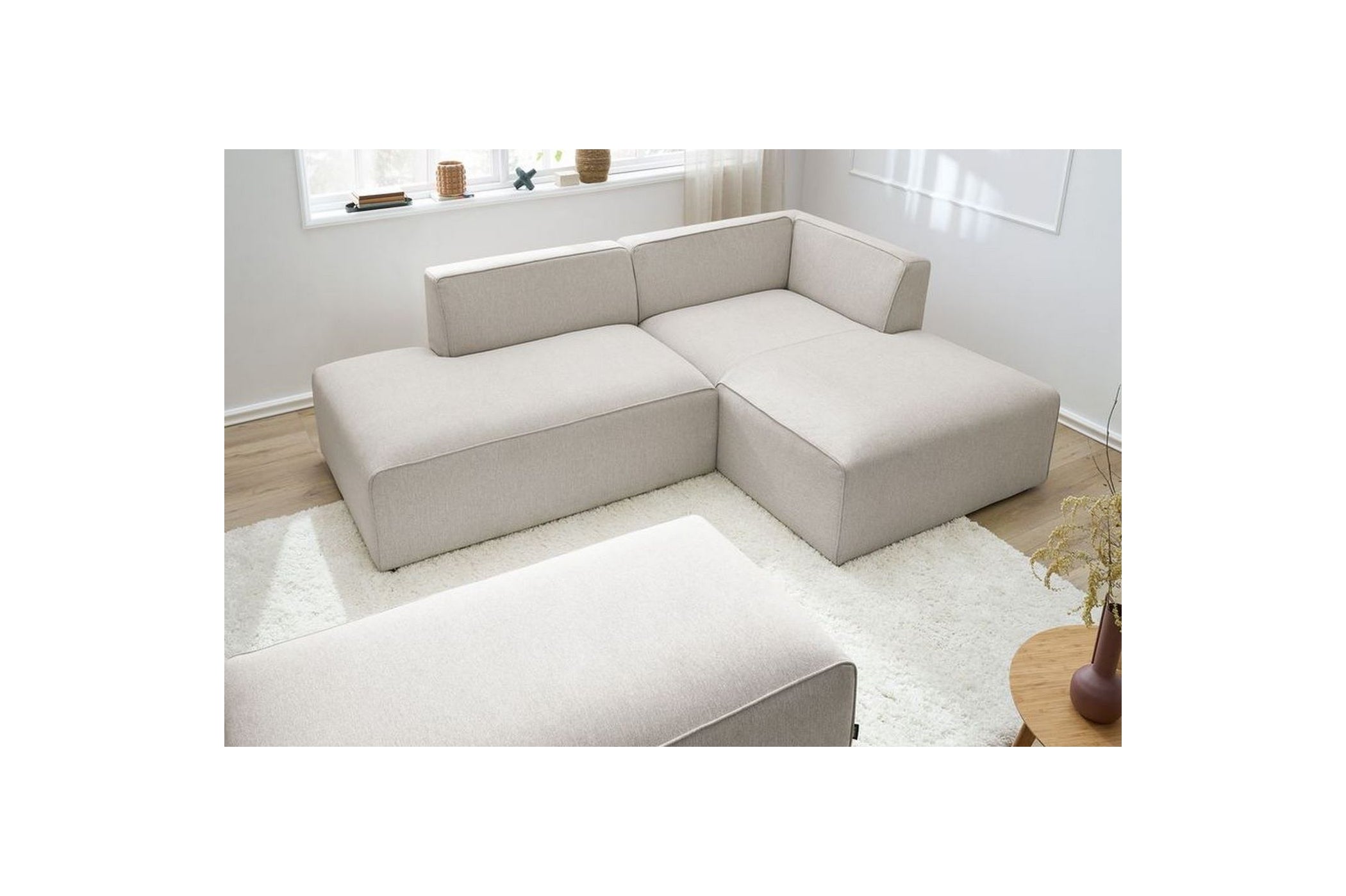 MEGEVE modular fixed corner sofa in smooth fabric with pouffe - Right-hand corner - BOBOCHIC - The Bradery