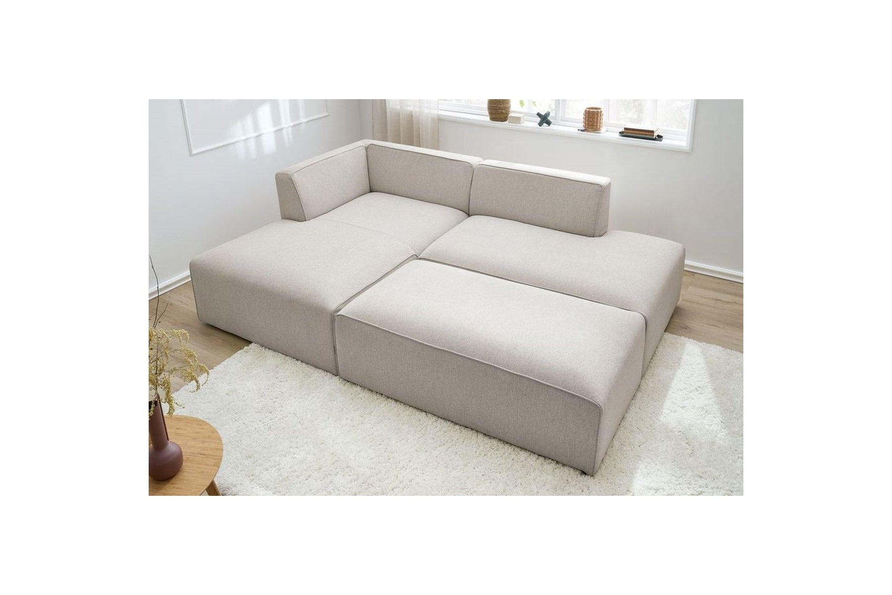 Modular fixed corner sofa MEGEVE in smooth fabric with pouffe - Left-hand corner - BOBOCHIC - The Bradery