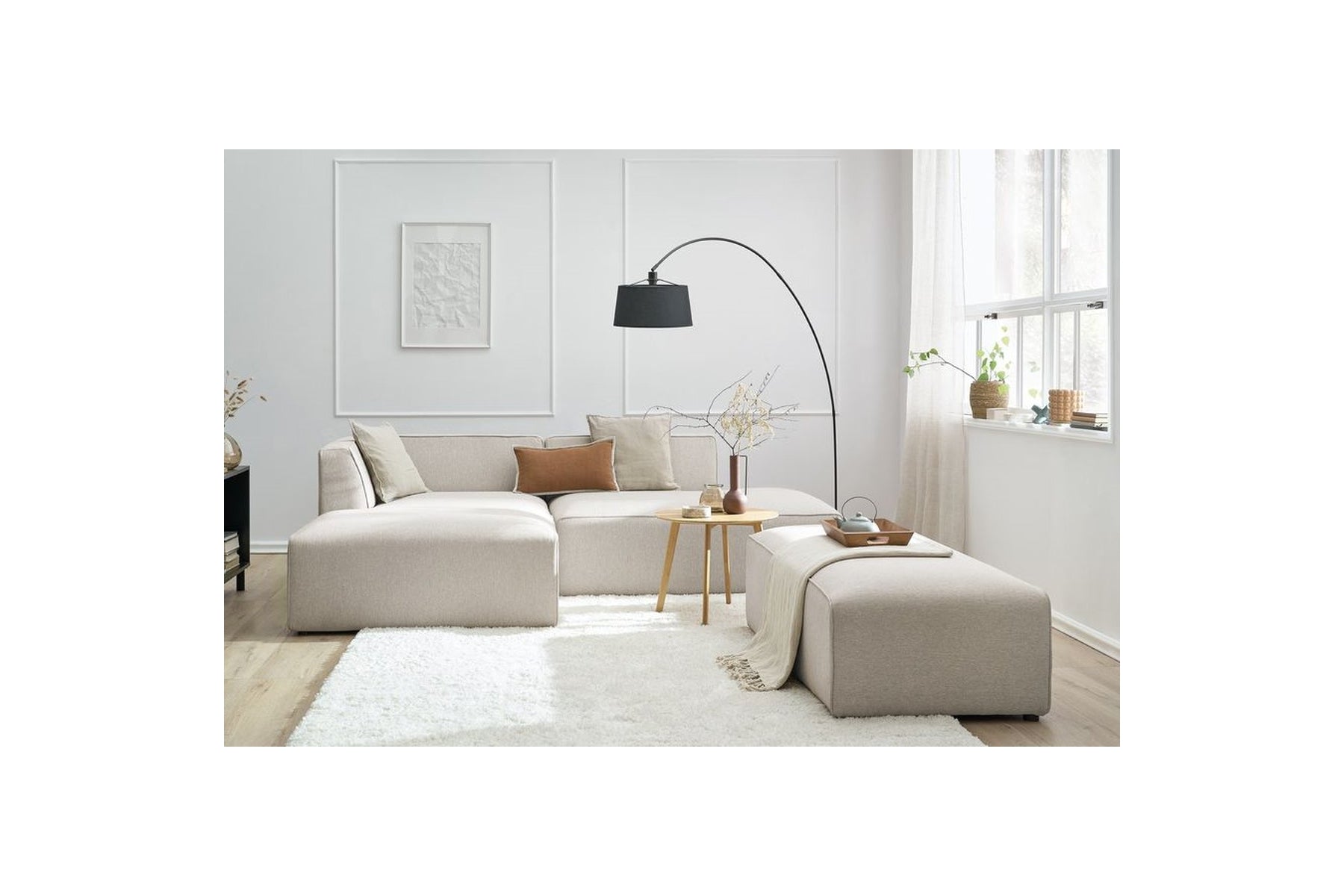 Modular fixed corner sofa MEGEVE in smooth fabric with pouffe - Left-hand corner - BOBOCHIC - The Bradery