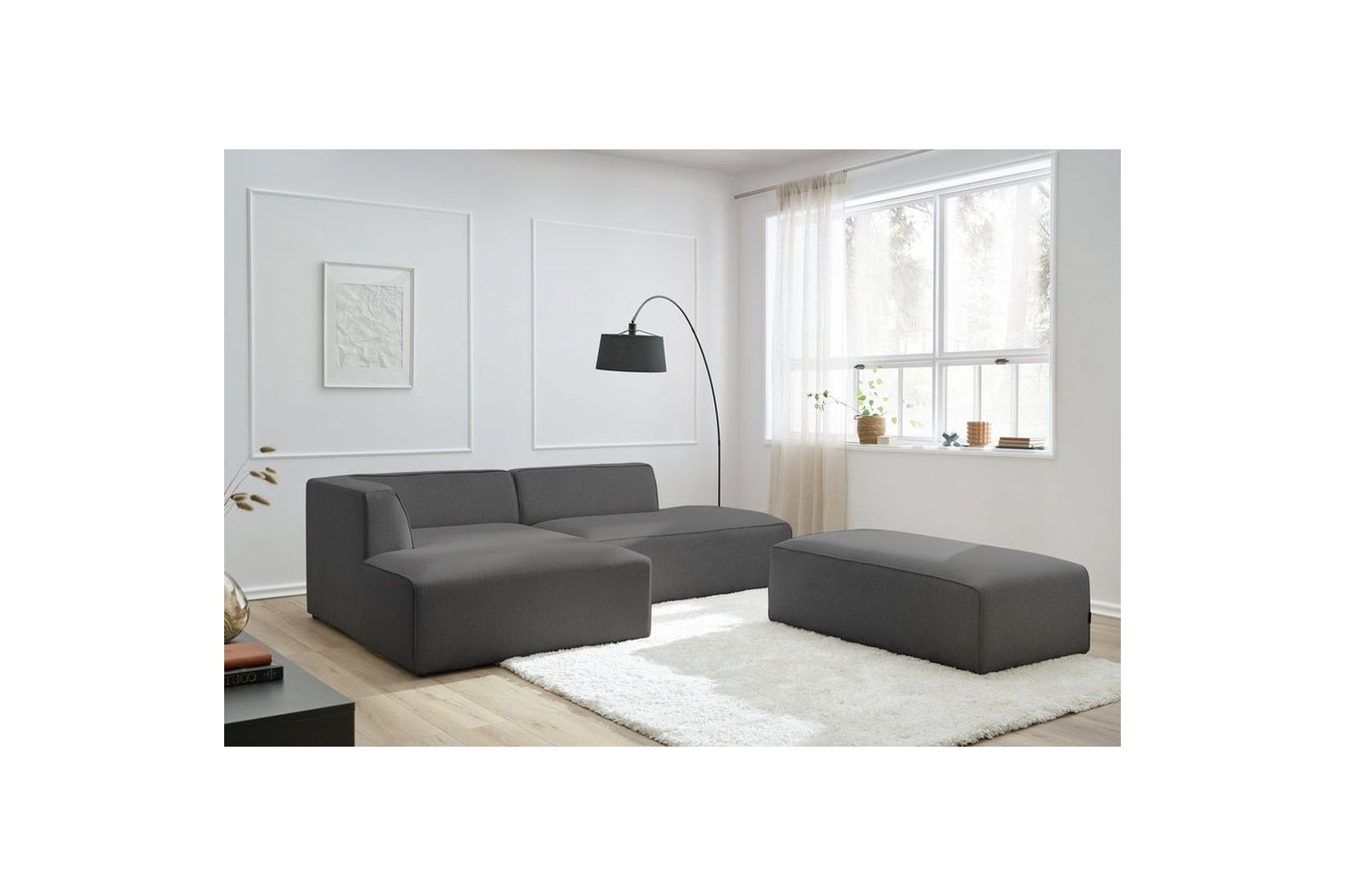 Modular fixed corner sofa MEGEVE in smooth fabric with pouffe - Left-hand corner - BOBOCHIC - The Bradery