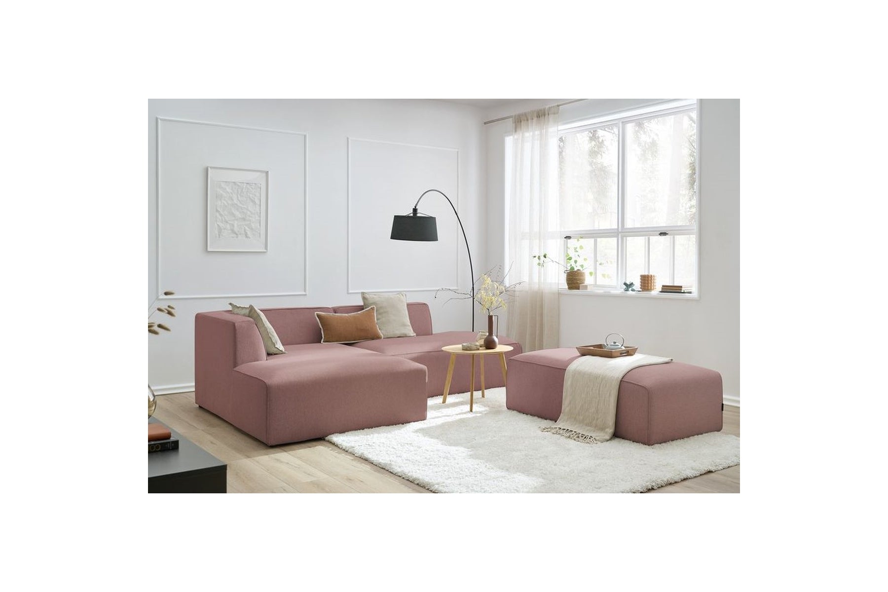 Modular fixed corner sofa MEGEVE in smooth fabric with pouffe - Left-hand corner - BOBOCHIC - The Bradery
