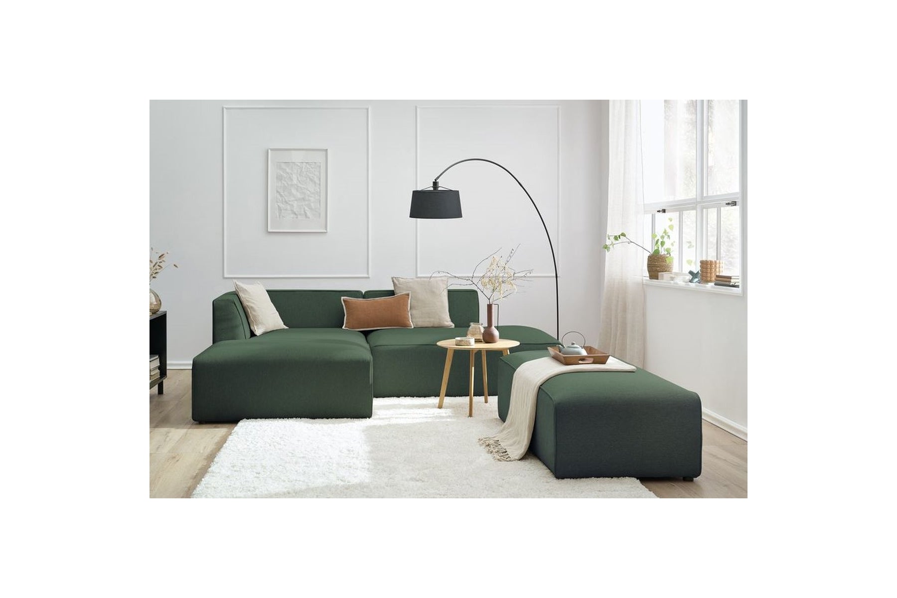 Modular fixed corner sofa MEGEVE in smooth fabric with pouffe - Left-hand corner - BOBOCHIC - The Bradery