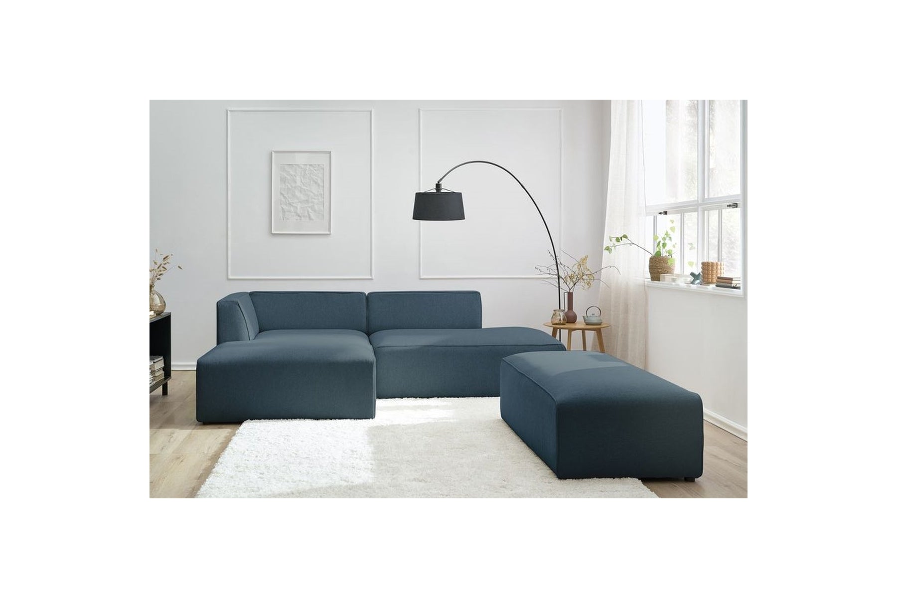Modular fixed corner sofa MEGEVE in smooth fabric with pouffe - Left-hand corner - BOBOCHIC - The Bradery
