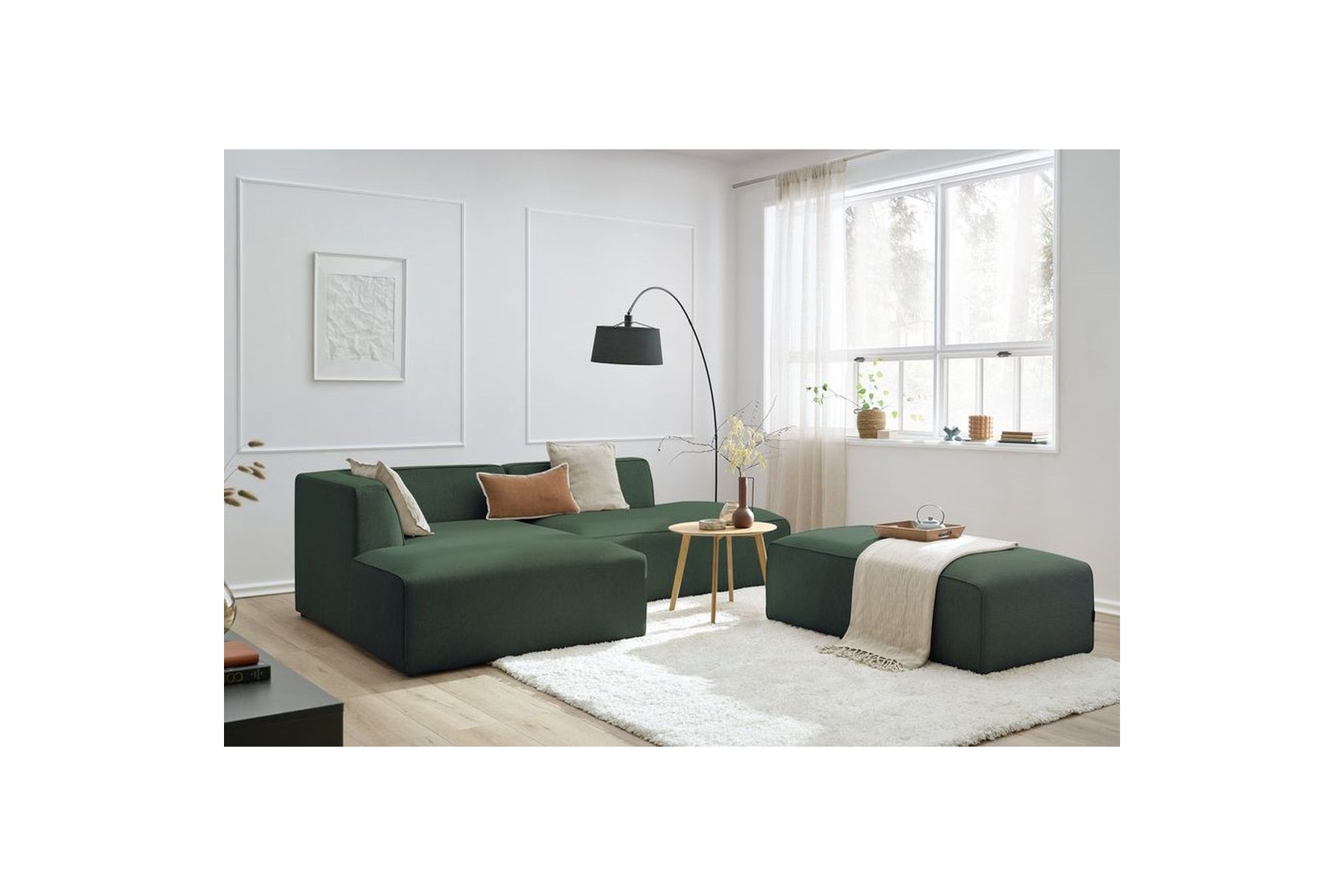 Modular fixed corner sofa MEGEVE in smooth fabric with pouffe - Left-hand corner - BOBOCHIC - The Bradery
