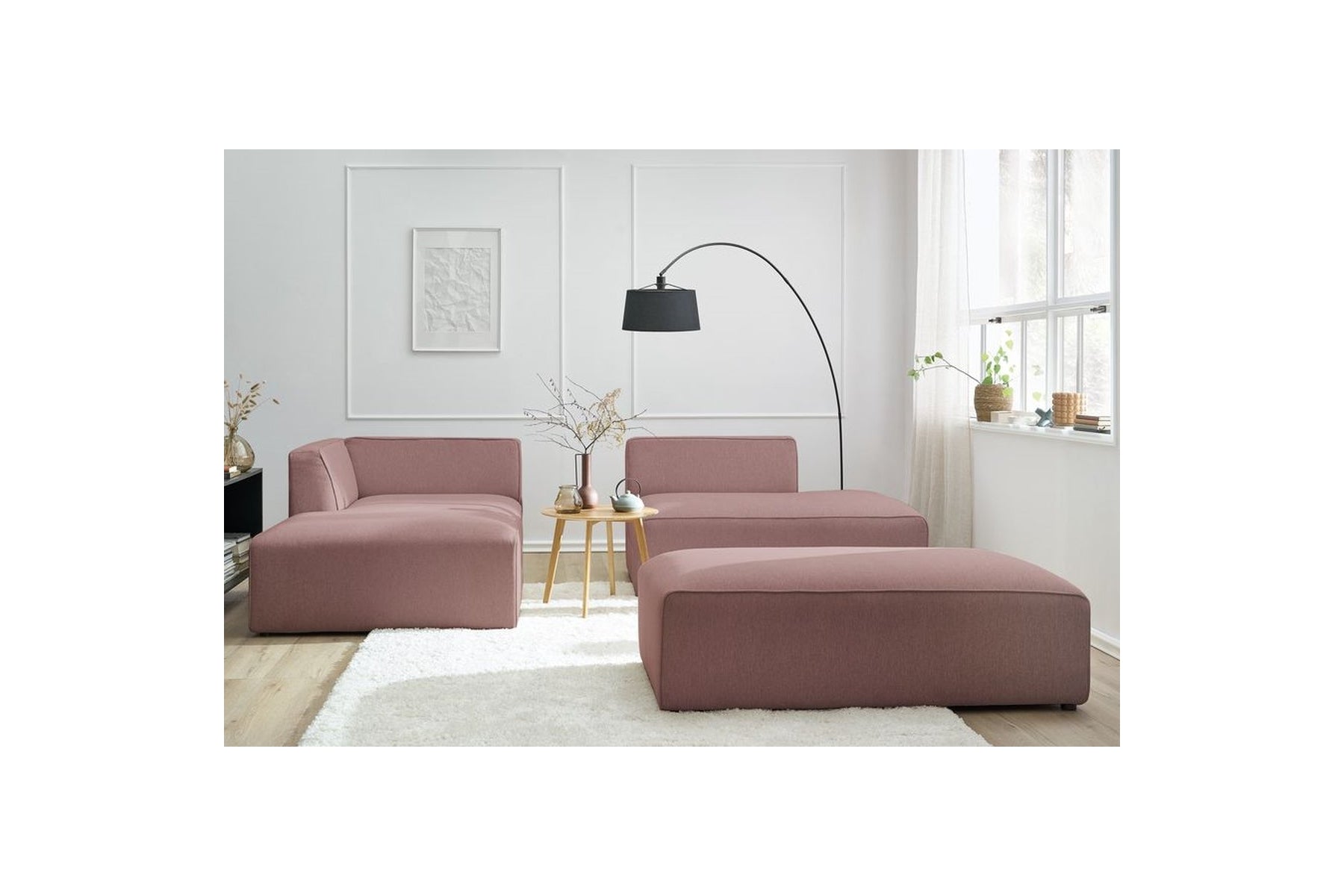 Modular fixed corner sofa MEGEVE in smooth fabric with pouffe - Left-hand corner - BOBOCHIC - The Bradery
