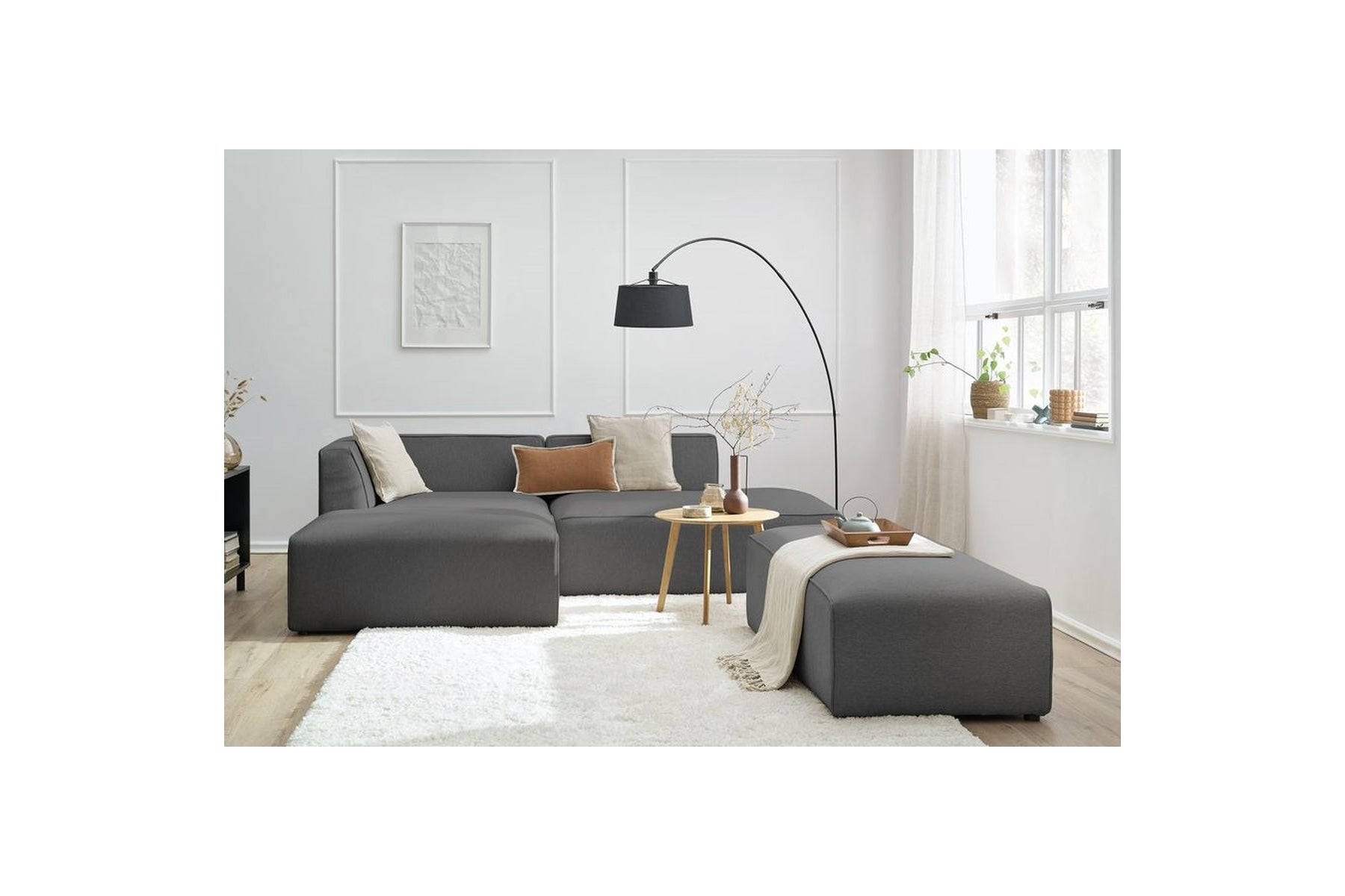Modular fixed corner sofa MEGEVE in smooth fabric with pouffe - Left-hand corner - BOBOCHIC - The Bradery