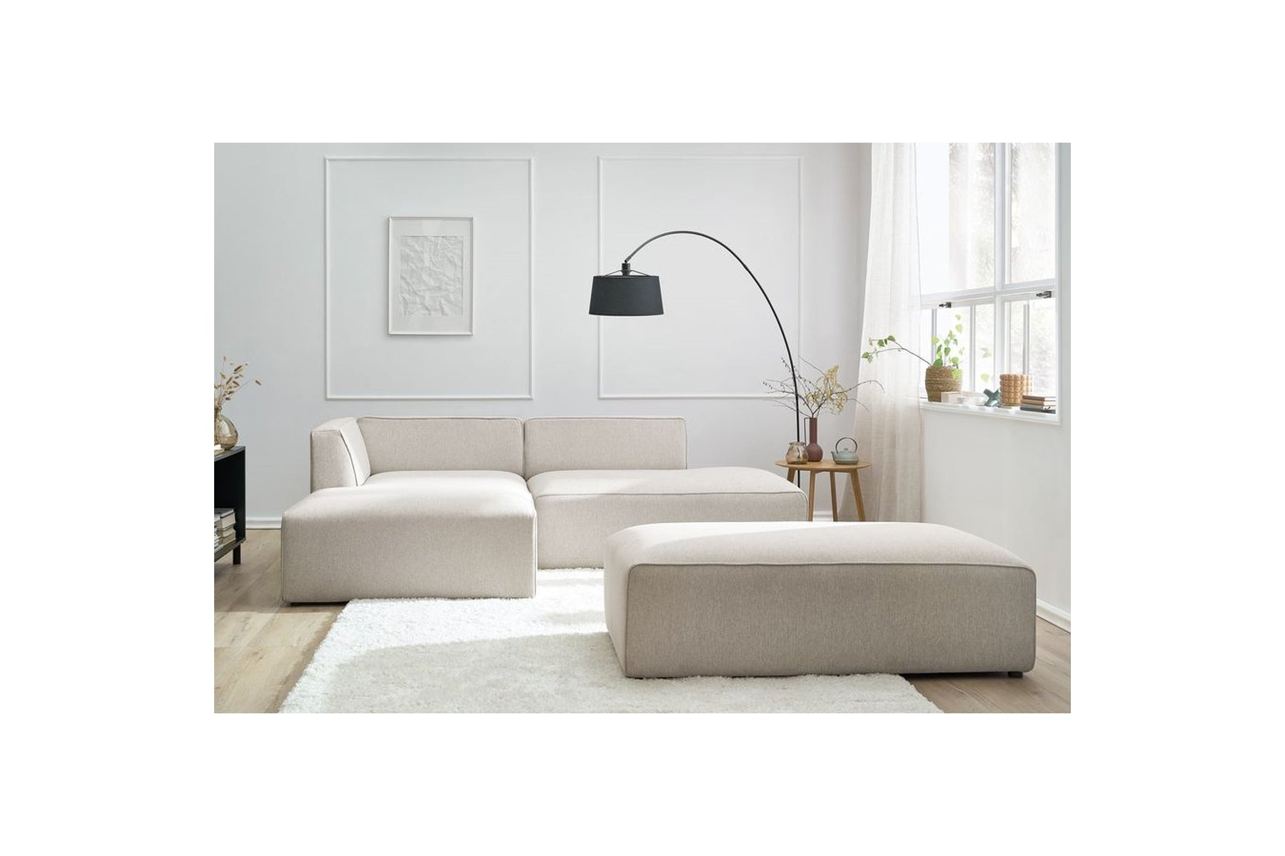 Modular fixed corner sofa MEGEVE in smooth fabric with pouffe - Left-hand corner - BOBOCHIC - The Bradery