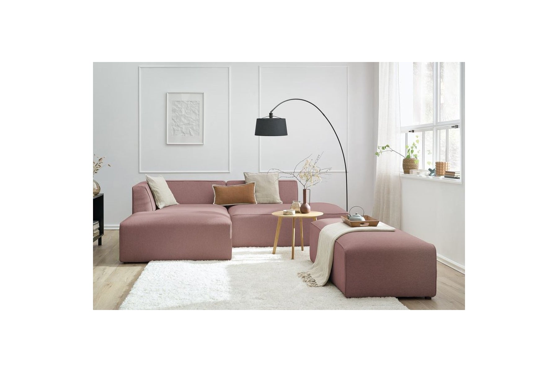 Modular fixed corner sofa MEGEVE in smooth fabric with pouffe - Left-hand corner - BOBOCHIC - The Bradery