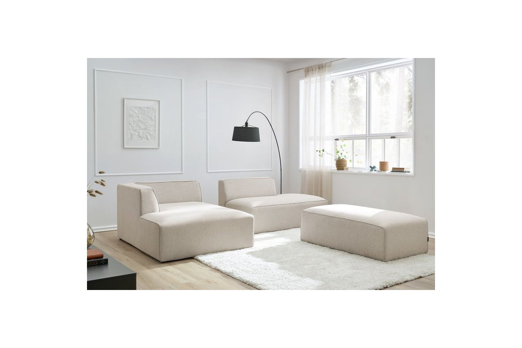 Modular fixed corner sofa MEGEVE in smooth fabric with pouffe - Left-hand corner - BOBOCHIC - The Bradery