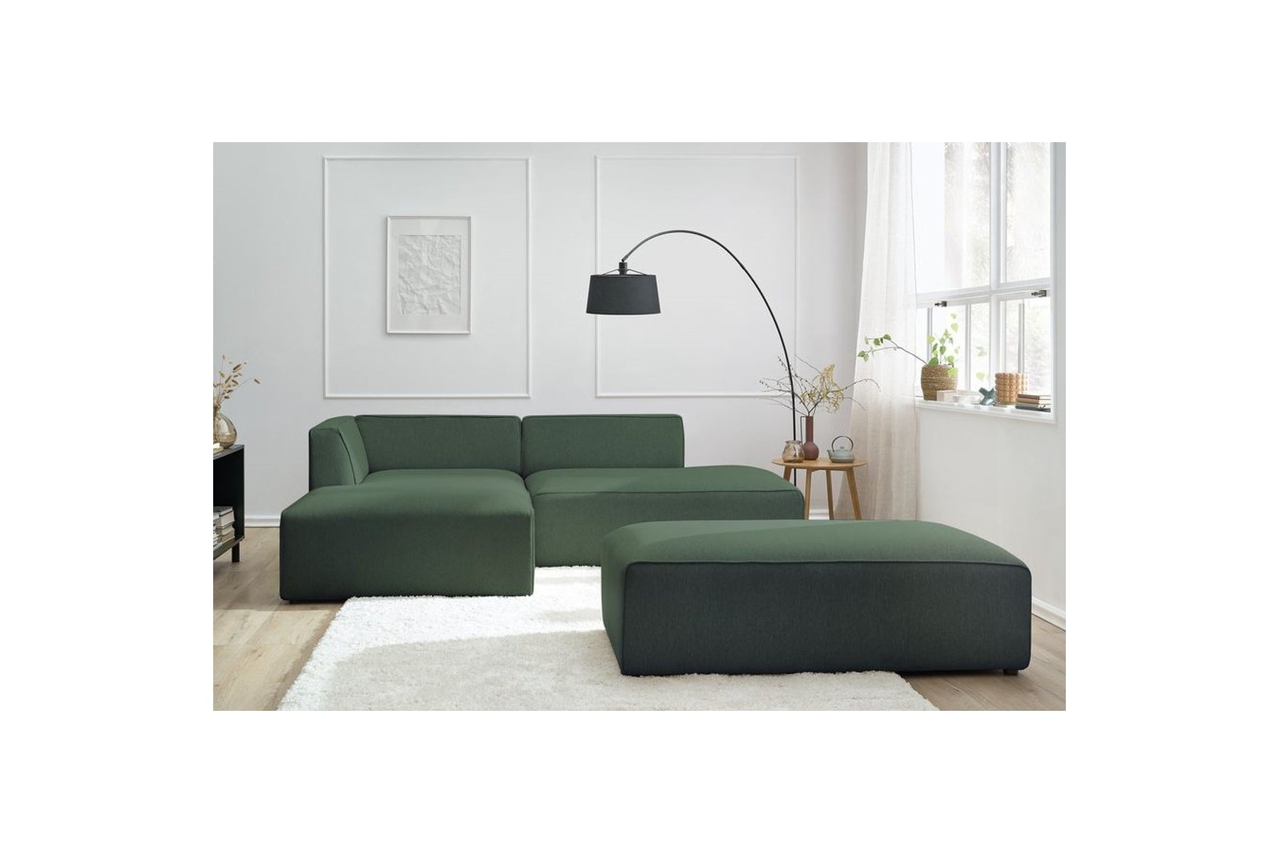 Modular fixed corner sofa MEGEVE in smooth fabric with pouffe - Left-hand corner - BOBOCHIC - The Bradery
