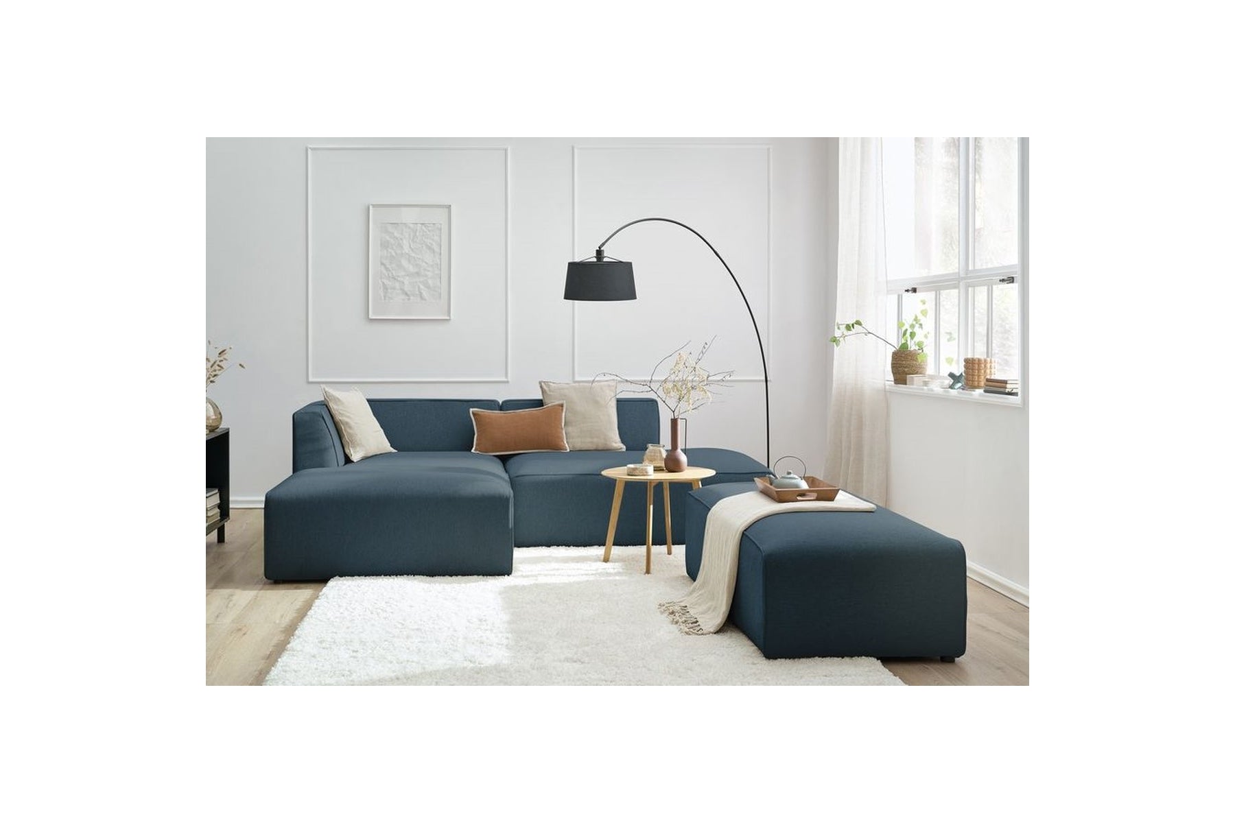 Modular fixed corner sofa MEGEVE in smooth fabric with pouffe - Left-hand corner - BOBOCHIC - The Bradery