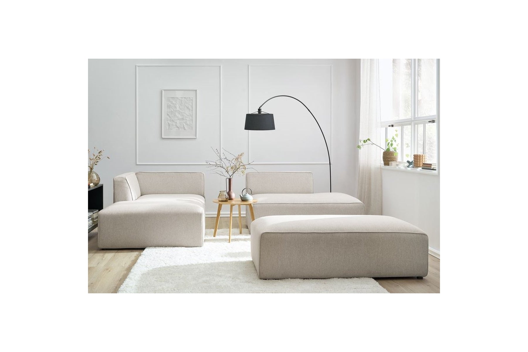 Modular fixed corner sofa MEGEVE in smooth fabric with pouffe - Left-hand corner - BOBOCHIC - The Bradery