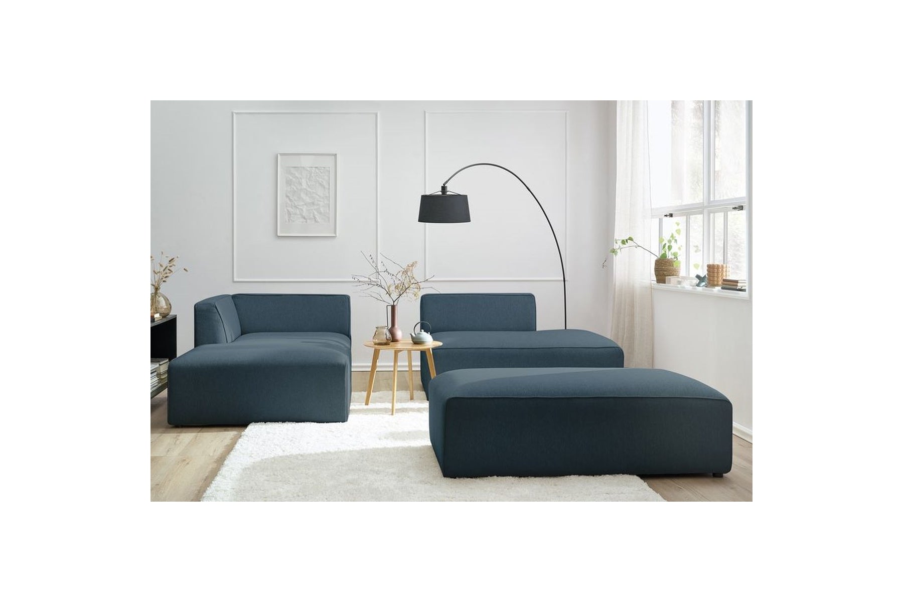 Modular fixed corner sofa MEGEVE in smooth fabric with pouffe - Left-hand corner - BOBOCHIC - The Bradery