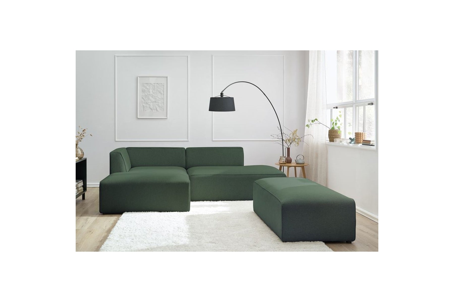 Modular fixed corner sofa MEGEVE in smooth fabric with pouffe - Left-hand corner - BOBOCHIC - The Bradery