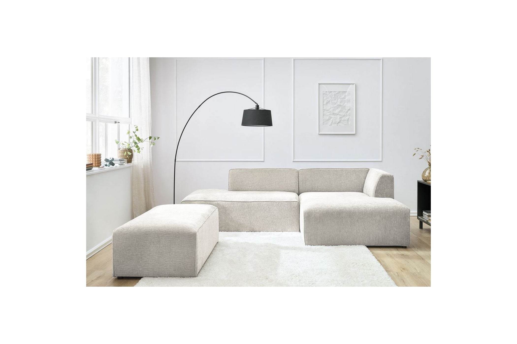 MEGEVE modular fixed corner sofa in textured fabric with pouffe - Right-hand corner - BOBOCHIC - The Bradery