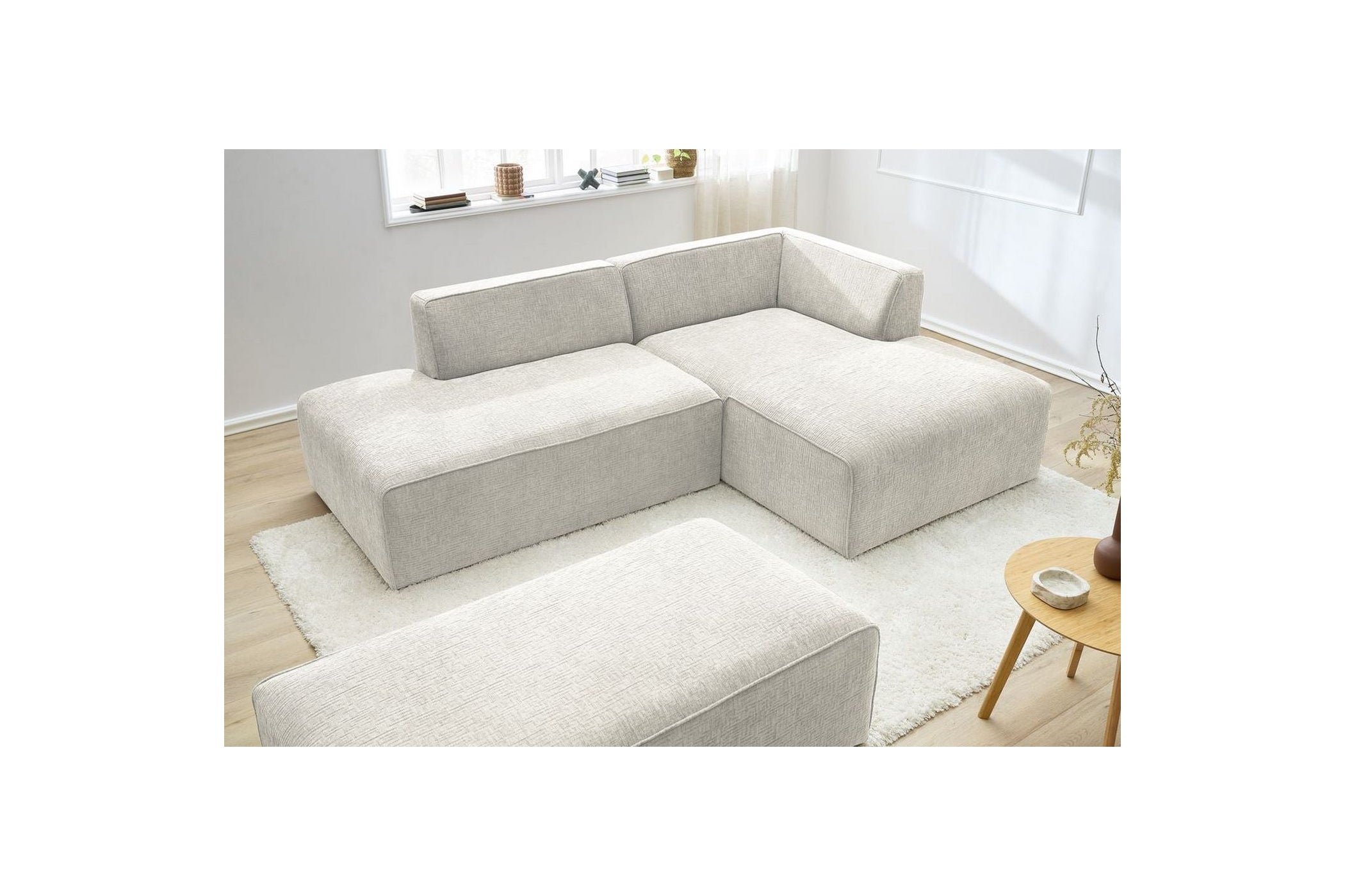 MEGEVE modular fixed corner sofa in textured fabric with pouffe - Right-hand corner - BOBOCHIC - The Bradery