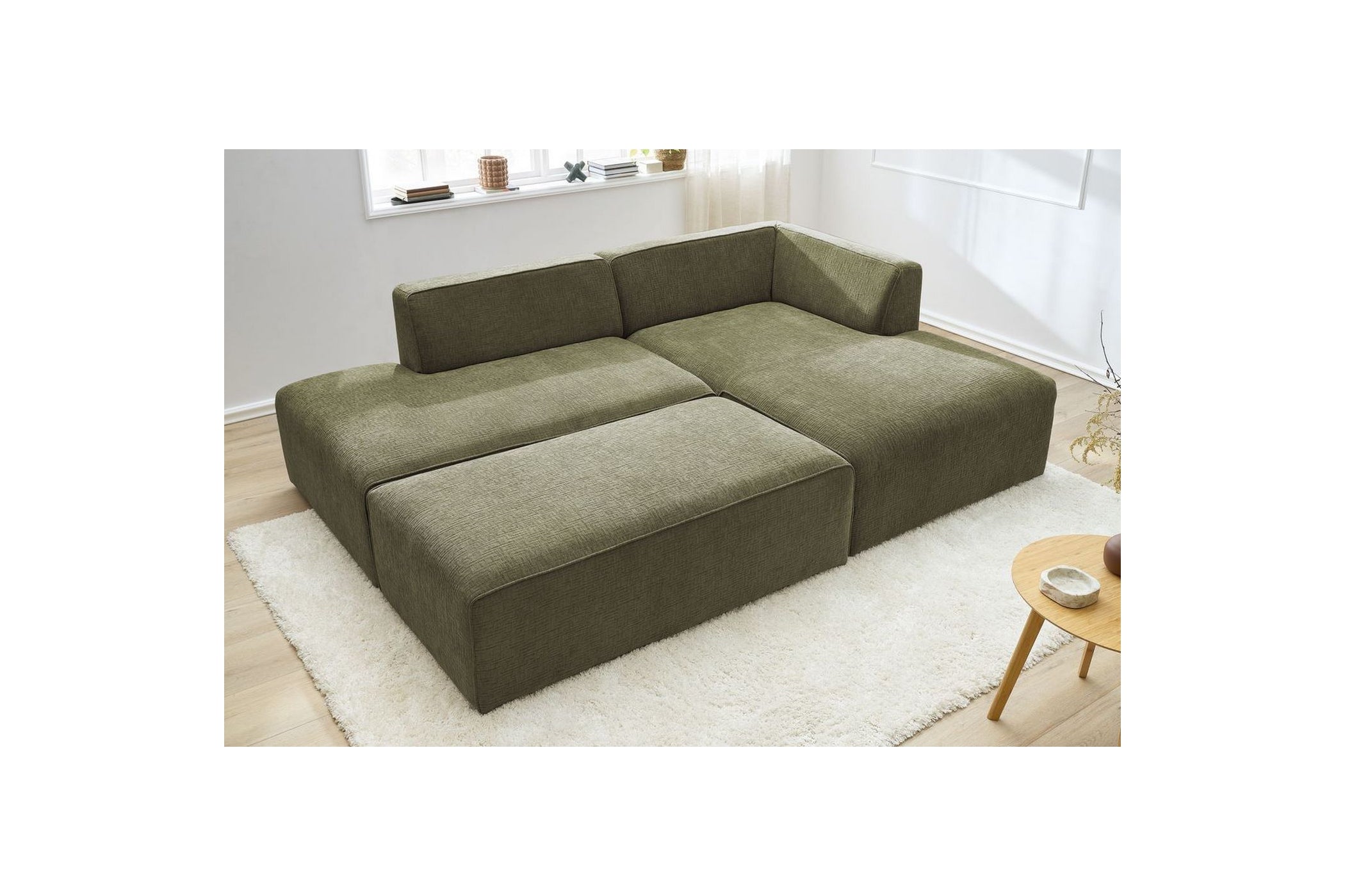 MEGEVE modular fixed corner sofa in textured fabric with pouffe - Right-hand corner - BOBOCHIC - The Bradery