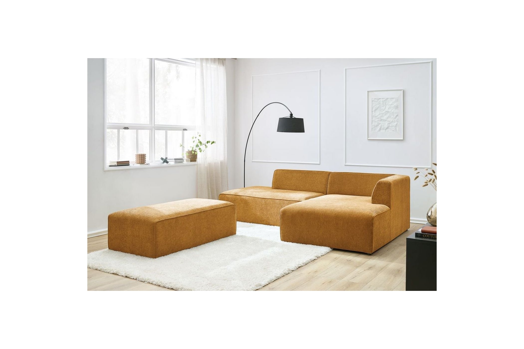 MEGEVE modular fixed corner sofa in textured fabric with pouffe - Right-hand corner - BOBOCHIC - The Bradery