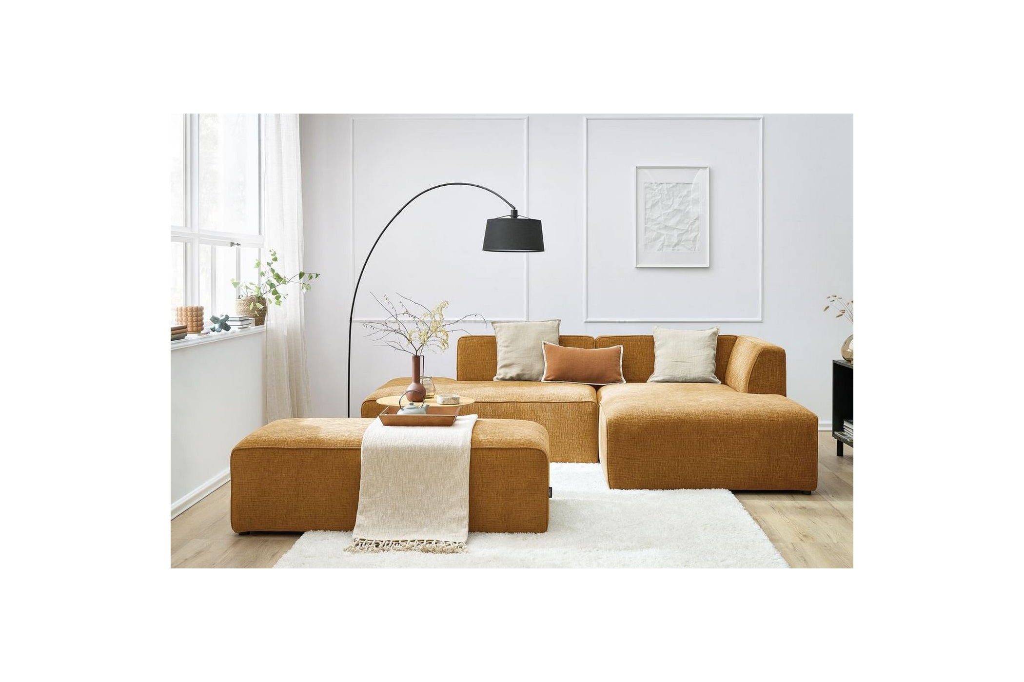 MEGEVE modular fixed corner sofa in textured fabric with pouffe - Right-hand corner - BOBOCHIC - The Bradery