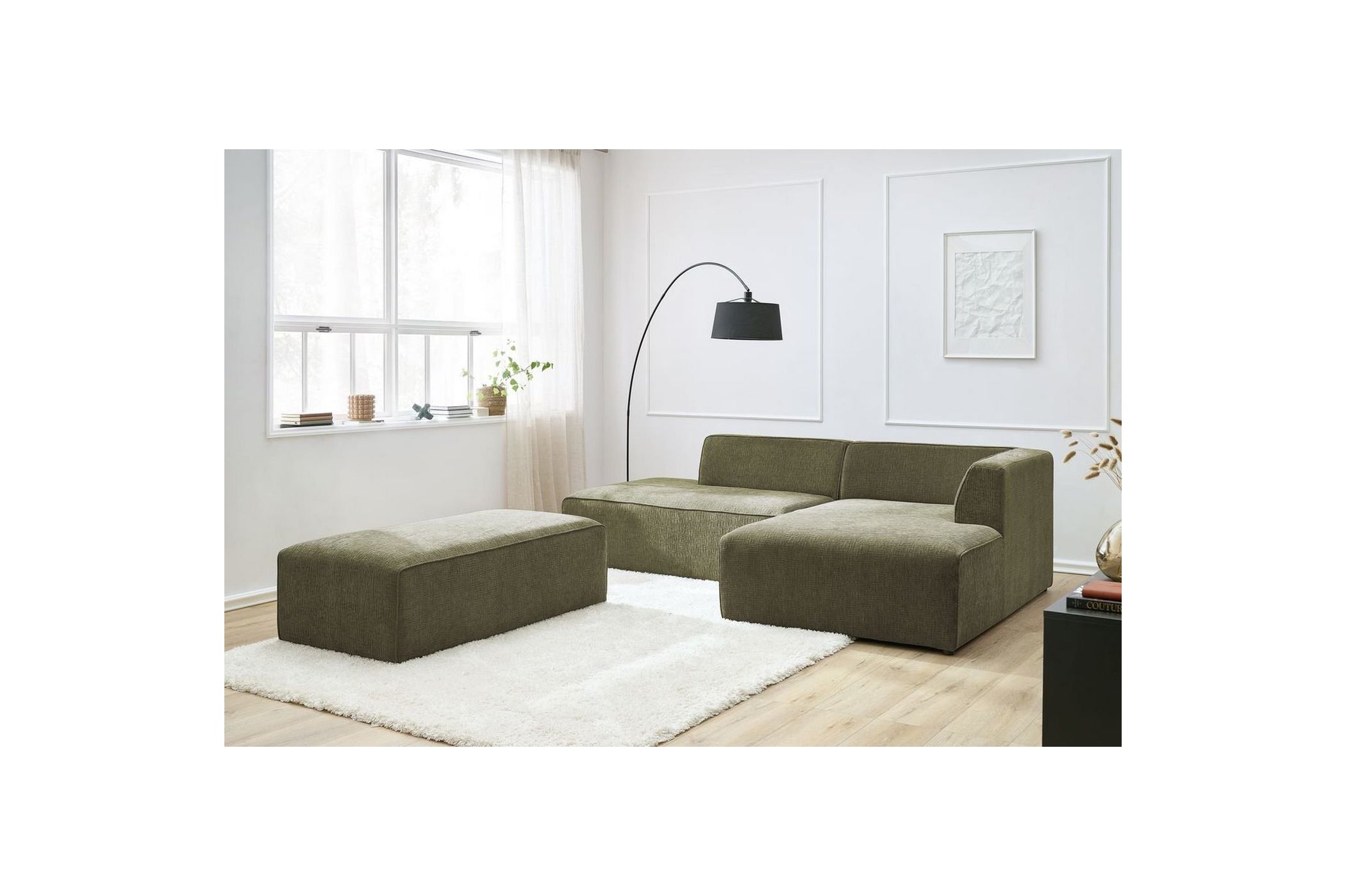 MEGEVE modular fixed corner sofa in textured fabric with pouffe - Right-hand corner - BOBOCHIC - The Bradery