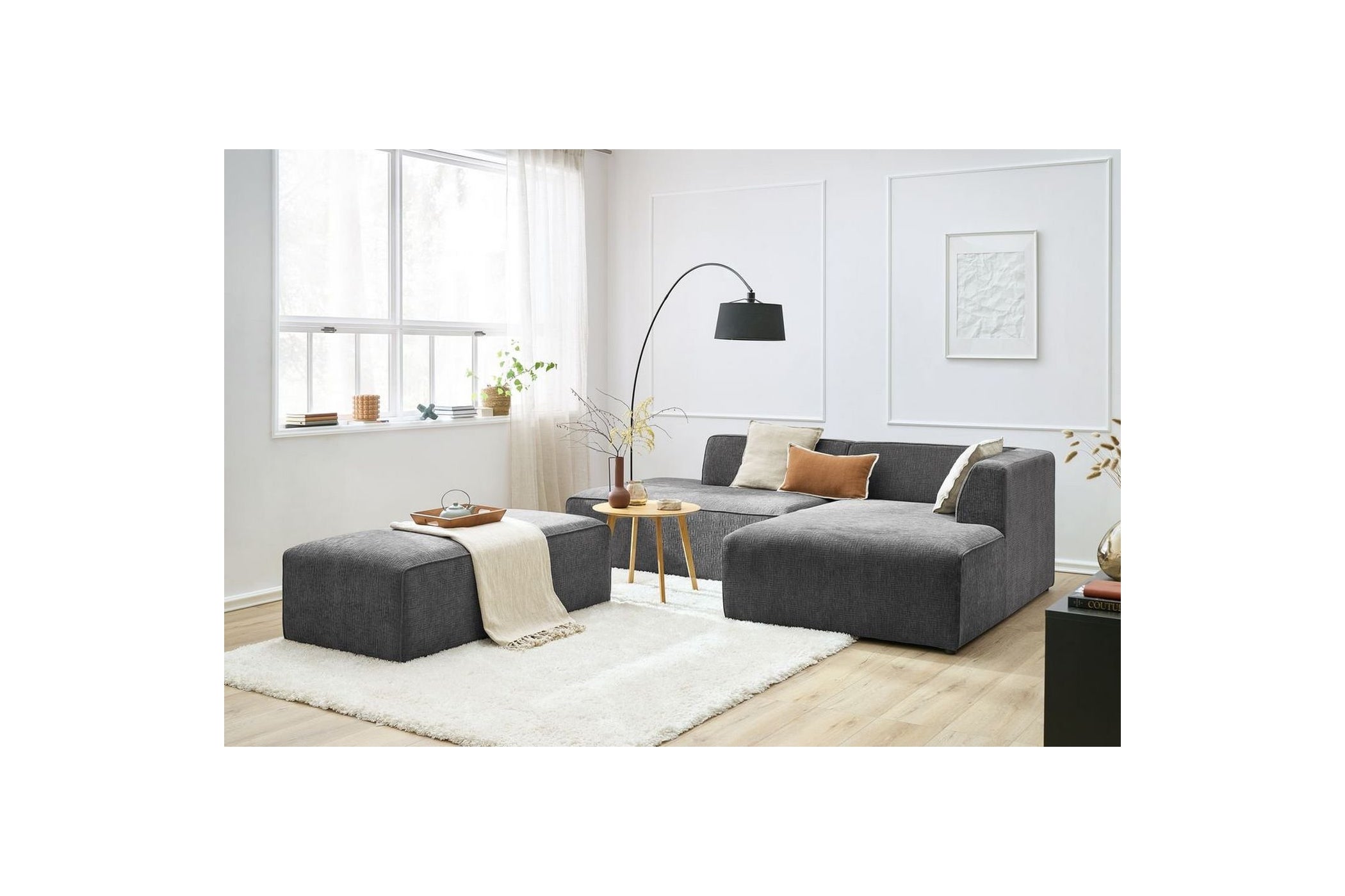 MEGEVE modular fixed corner sofa in textured fabric with pouffe - Right-hand corner - BOBOCHIC - The Bradery