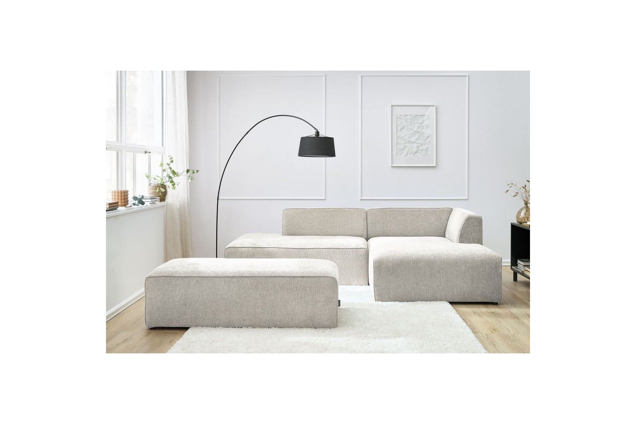 MEGEVE modular fixed corner sofa in textured fabric with pouffe - Right-hand corner - BOBOCHIC - The Bradery