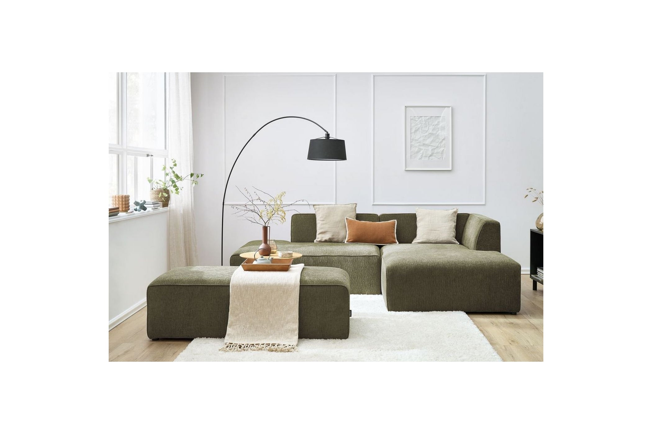 MEGEVE modular fixed corner sofa in textured fabric with pouffe - Right-hand corner - BOBOCHIC - The Bradery