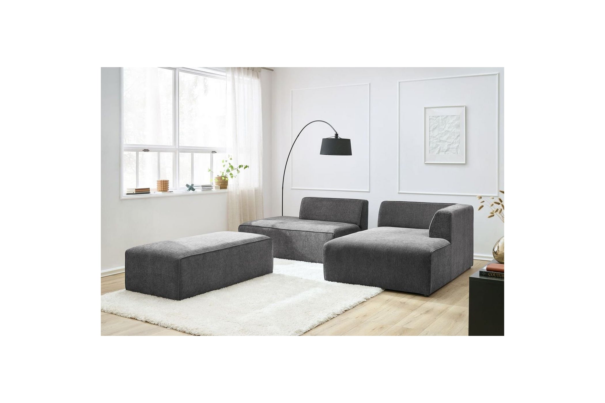 MEGEVE modular fixed corner sofa in textured fabric with pouffe - Right-hand corner - BOBOCHIC - The Bradery