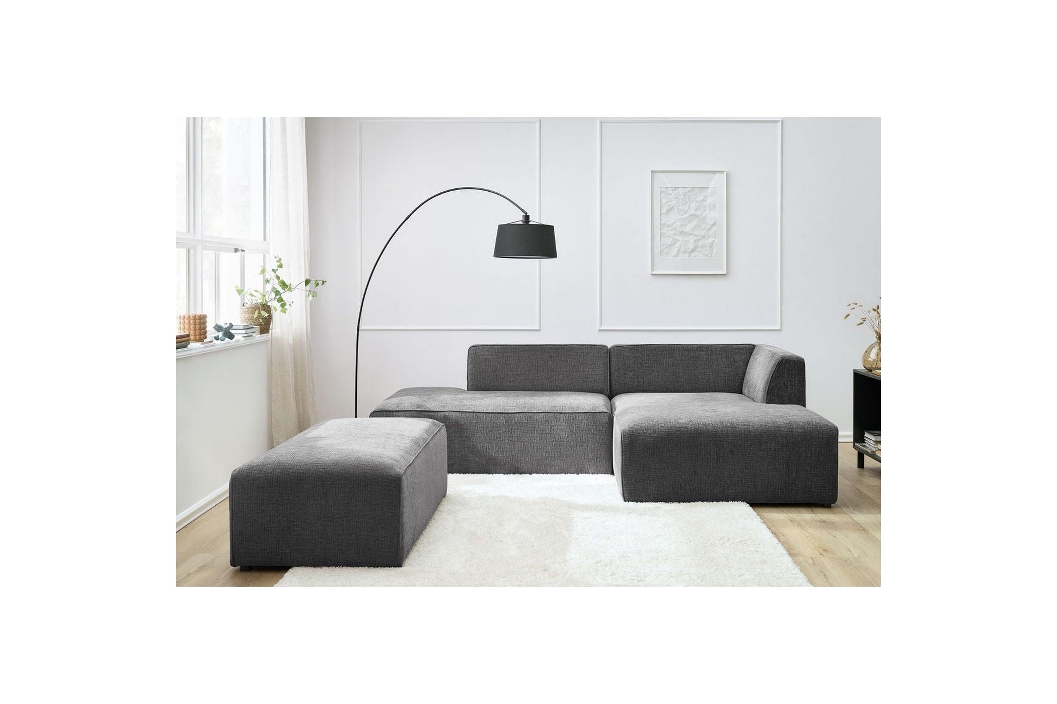 MEGEVE modular fixed corner sofa in textured fabric with pouffe - Right-hand corner - BOBOCHIC - The Bradery