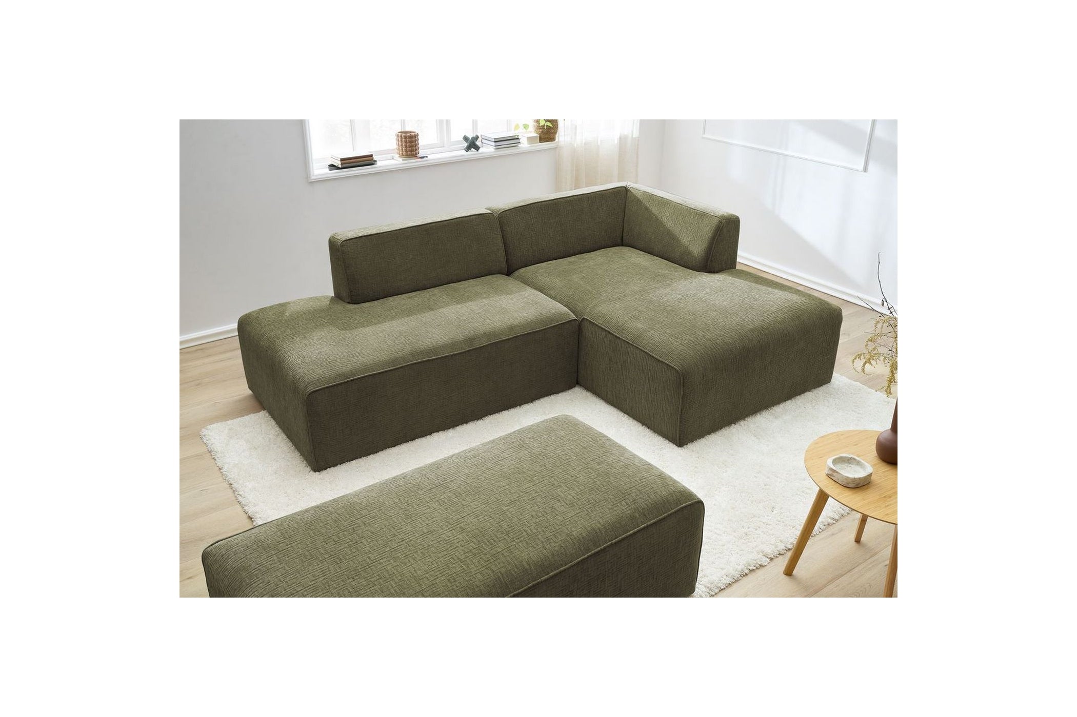 MEGEVE modular fixed corner sofa in textured fabric with pouffe - Right-hand corner - BOBOCHIC - The Bradery